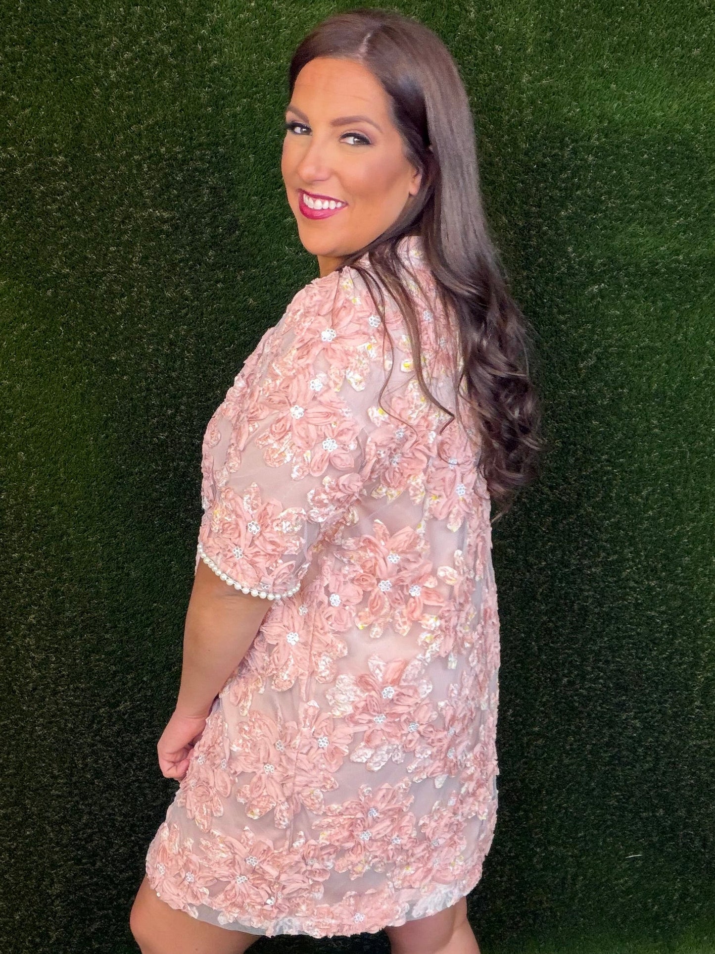 Floral Embroidery Short Dress - Pink