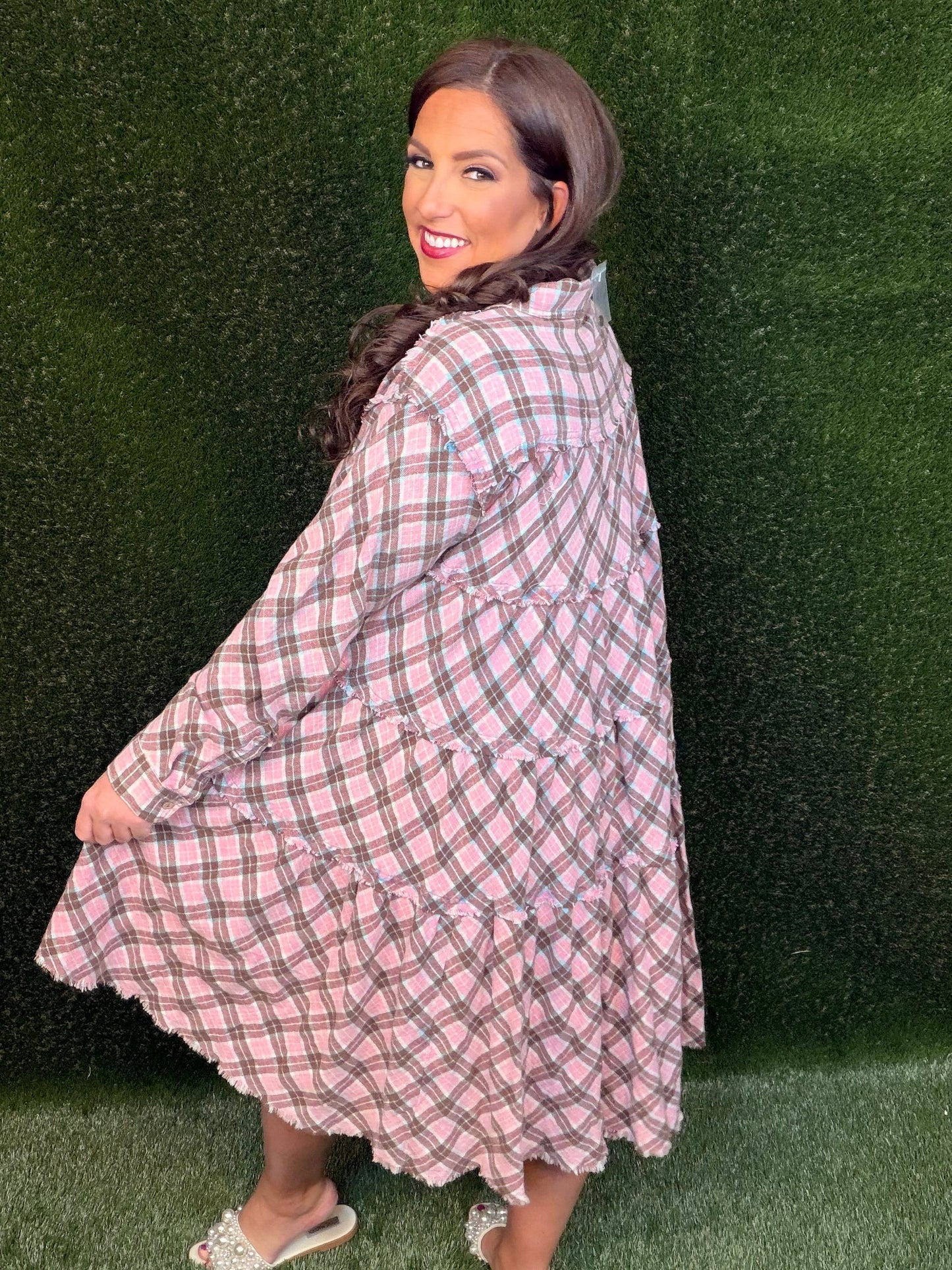 Tiered Check Plaid Dress - Pink/Light Aqua Blue
