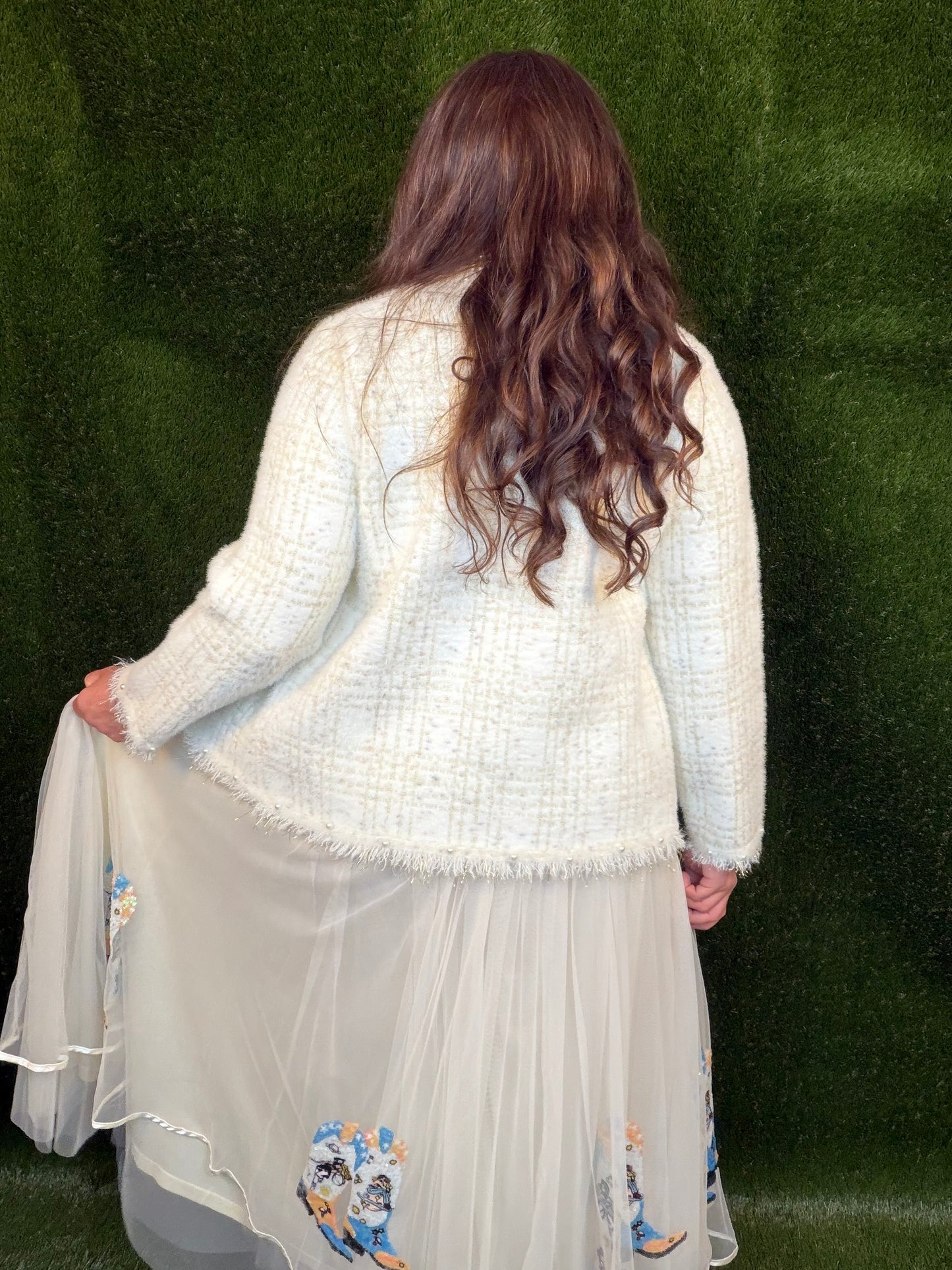 Cowgirl Boots Sequin Tulle Maxi Skirt - Cream