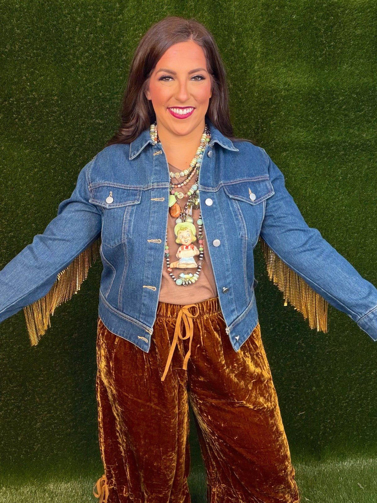 Gold Rhinestone Fringe Dark Denim Jean Jacket