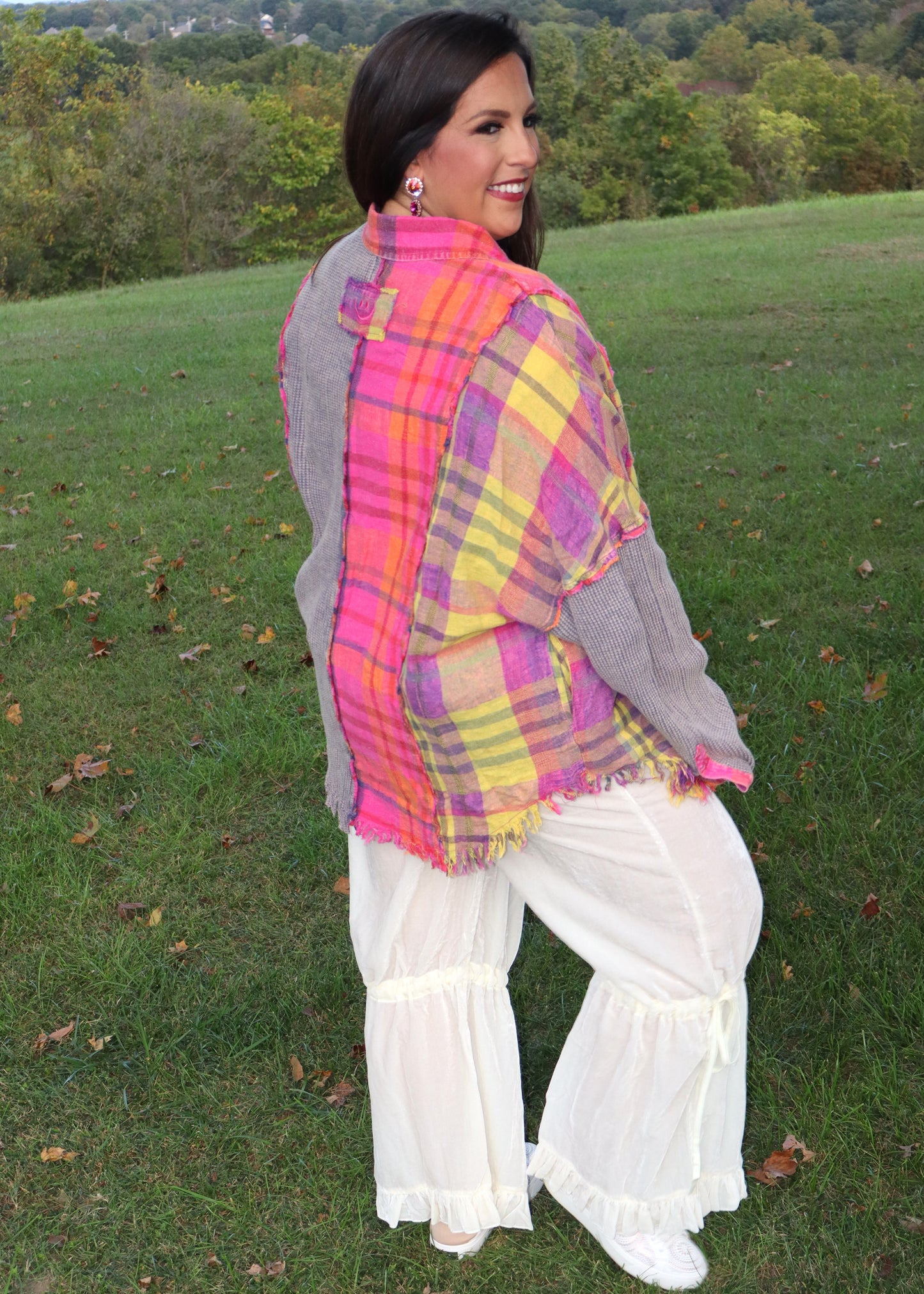 90's Country Plaid - Hot Pink/Neon Yellow Mixed Media Shirt