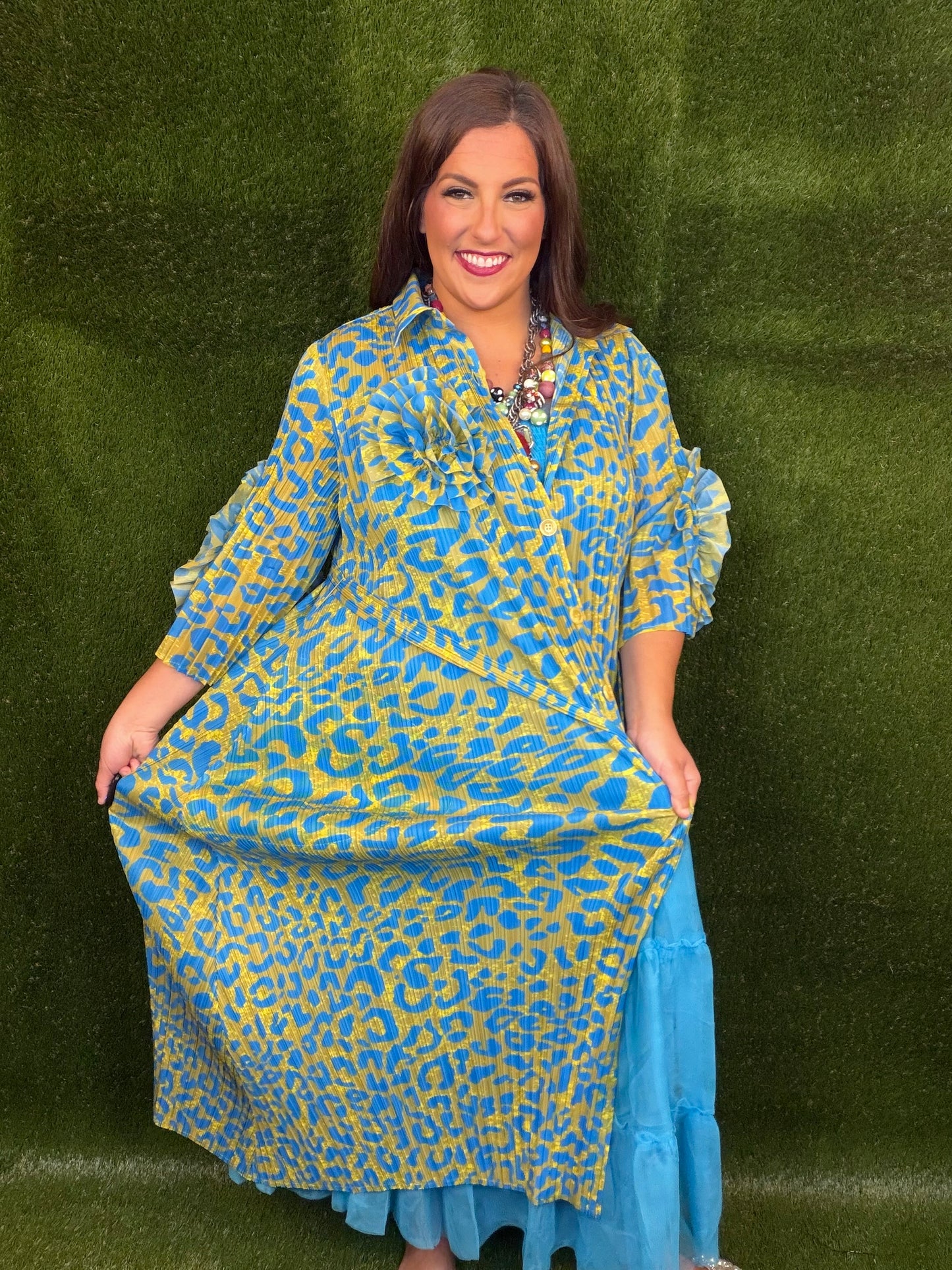 Welcome To The Jungle Leopard Dress - Ocean Blue and Chartreuse Green