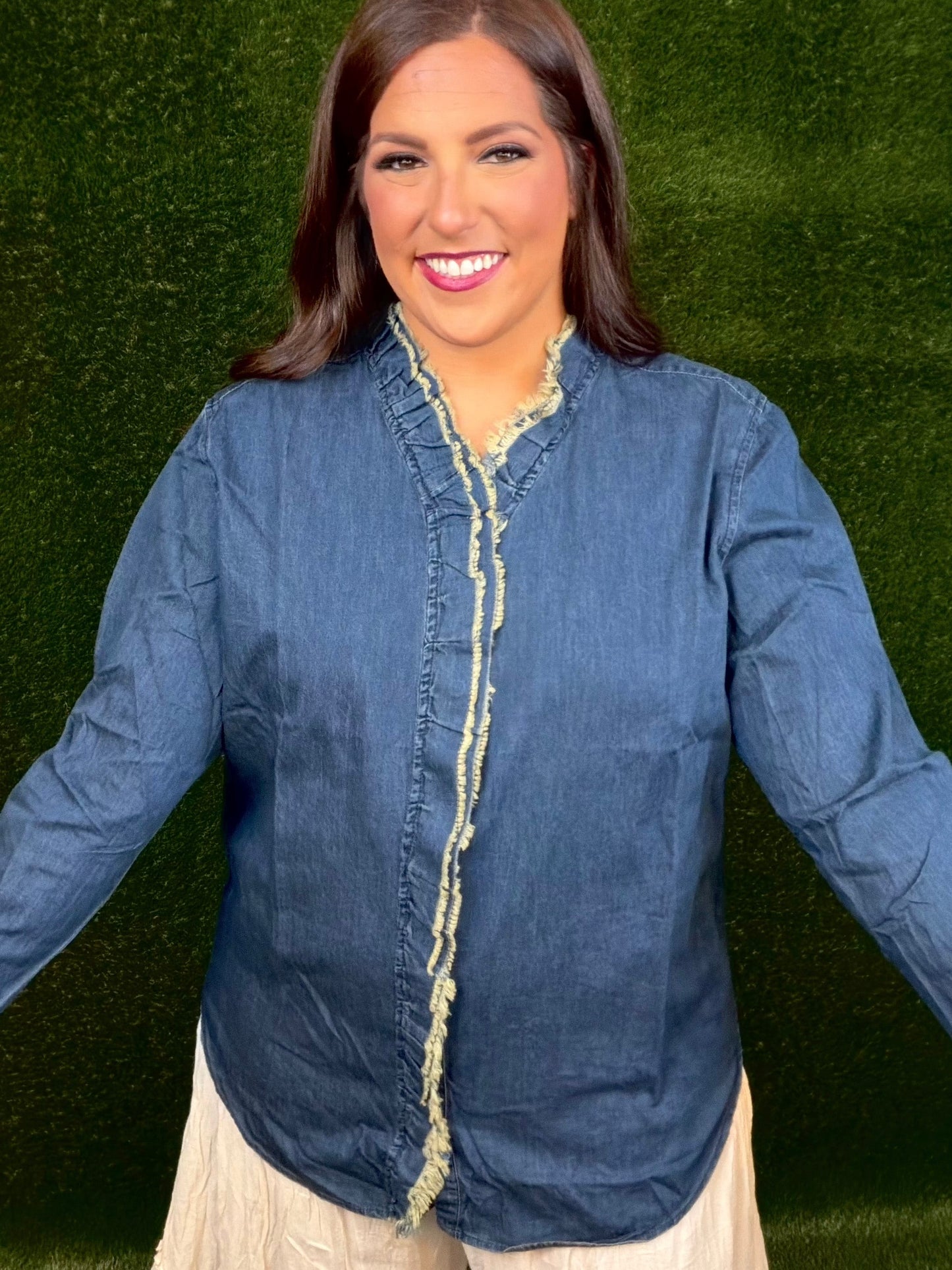 Cutting Edge Button-Up Top - Dark Denim