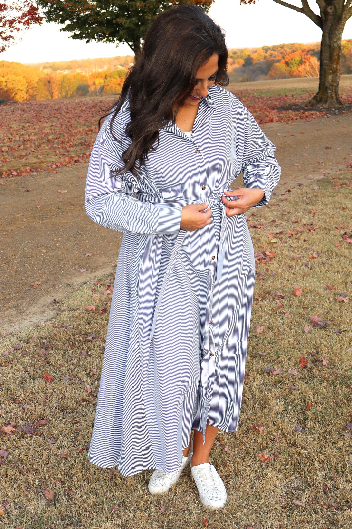 Black/white pinstripe boss lady dress