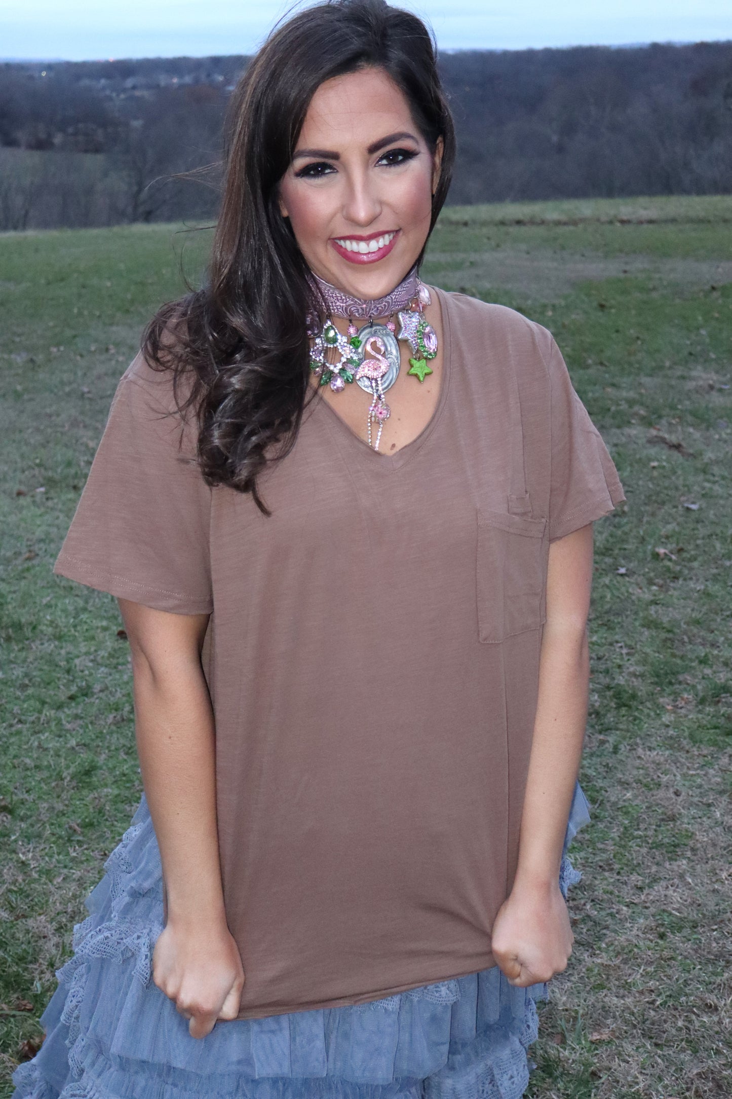 Moon Dance Solid V-Neck Tee - Chocolate