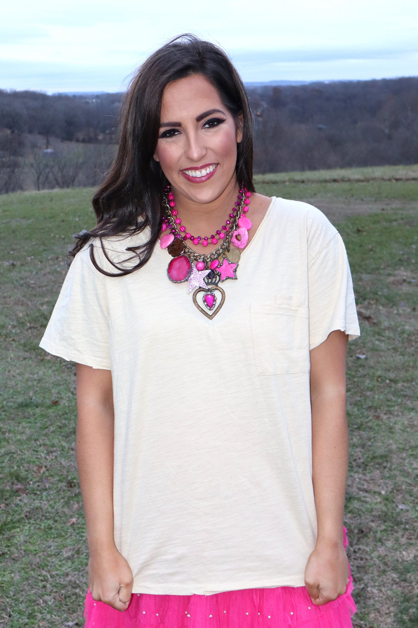 Moon Dance Solid V-Neck Tee - Cream