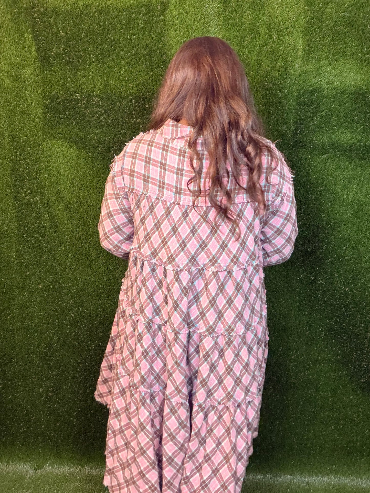 Tiered Check Plaid Dress - Pink/Light Aqua Blue
