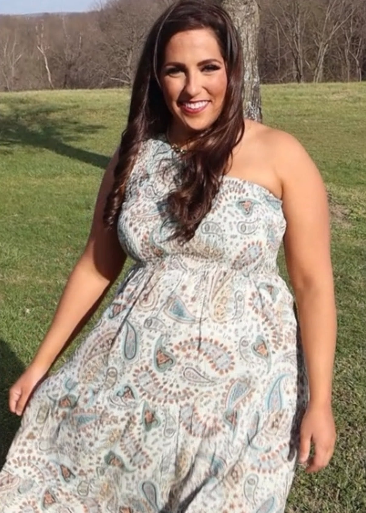 One shoulder Paisley Midi Dress - Mint