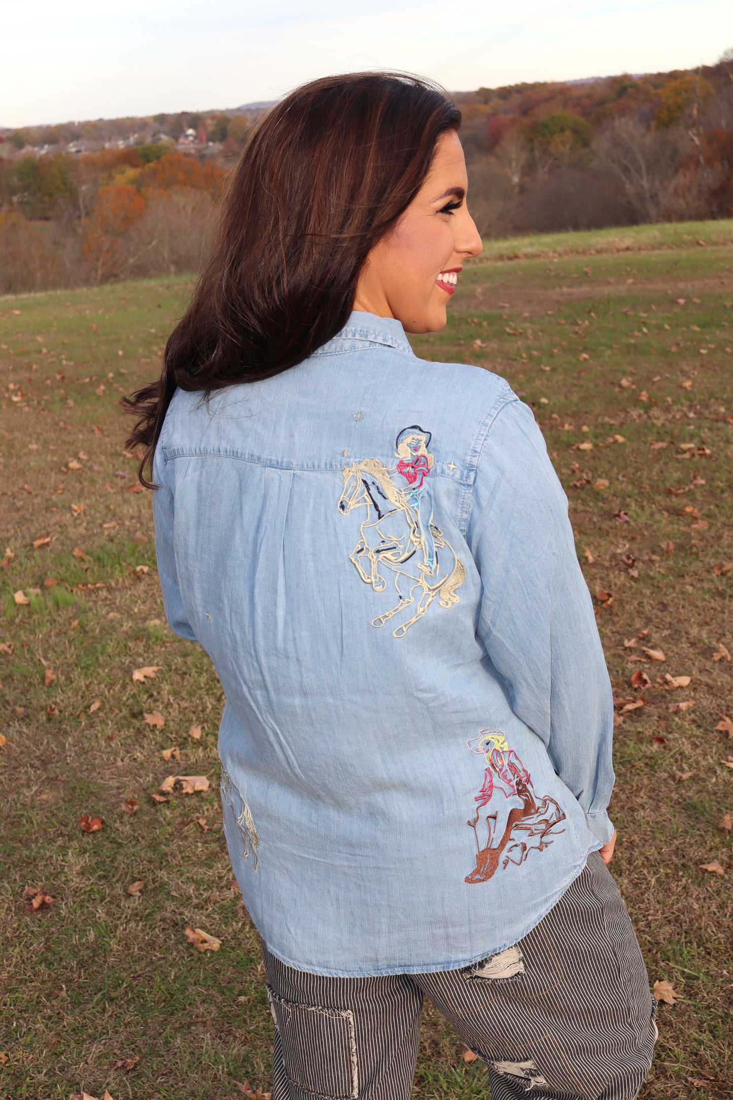 Denim Cowgirl Embroidered Button-Up