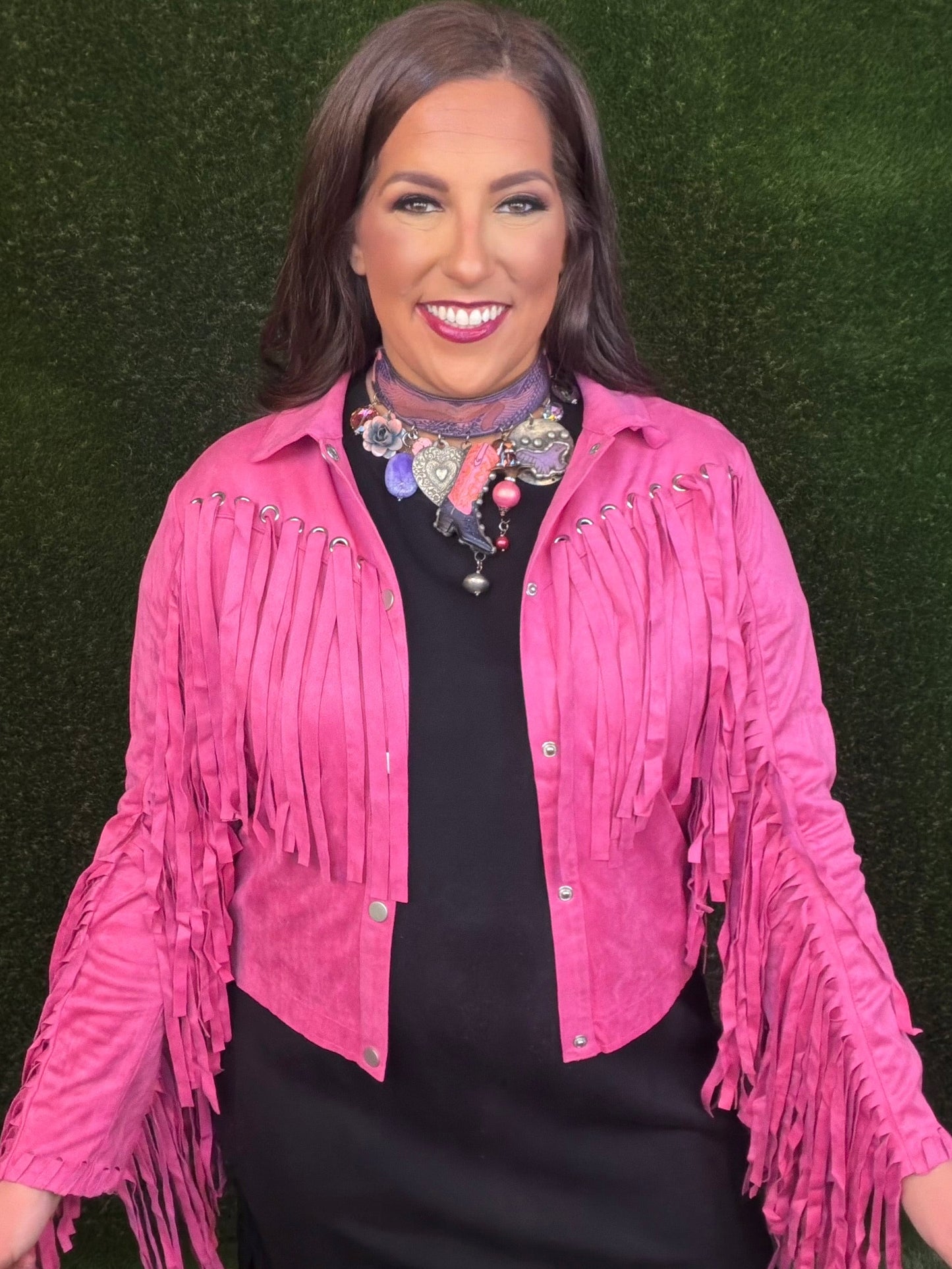 Party On Fringe Suede Jacket - Hot Pink