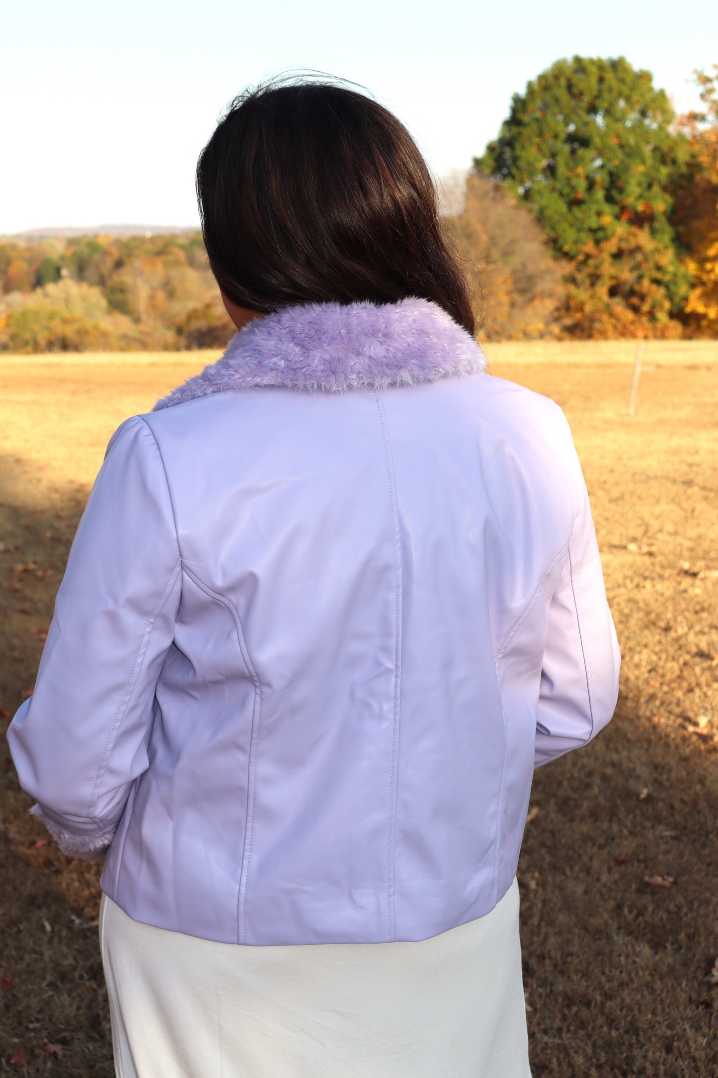 Faux Leather Removable Fur Collared Jacket - Lavender