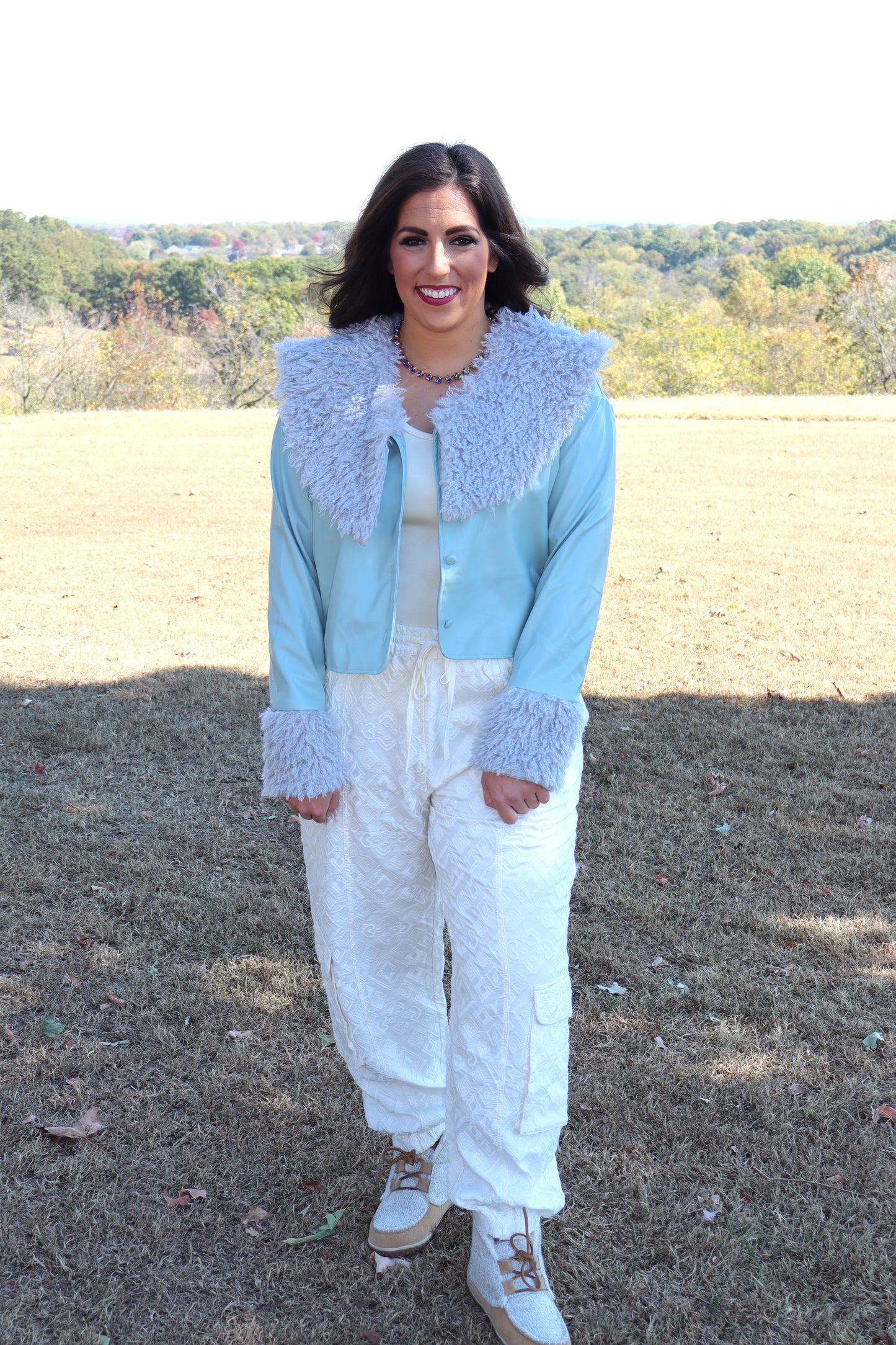 Faux Leather Removable Fur Collared Jacket - Mint