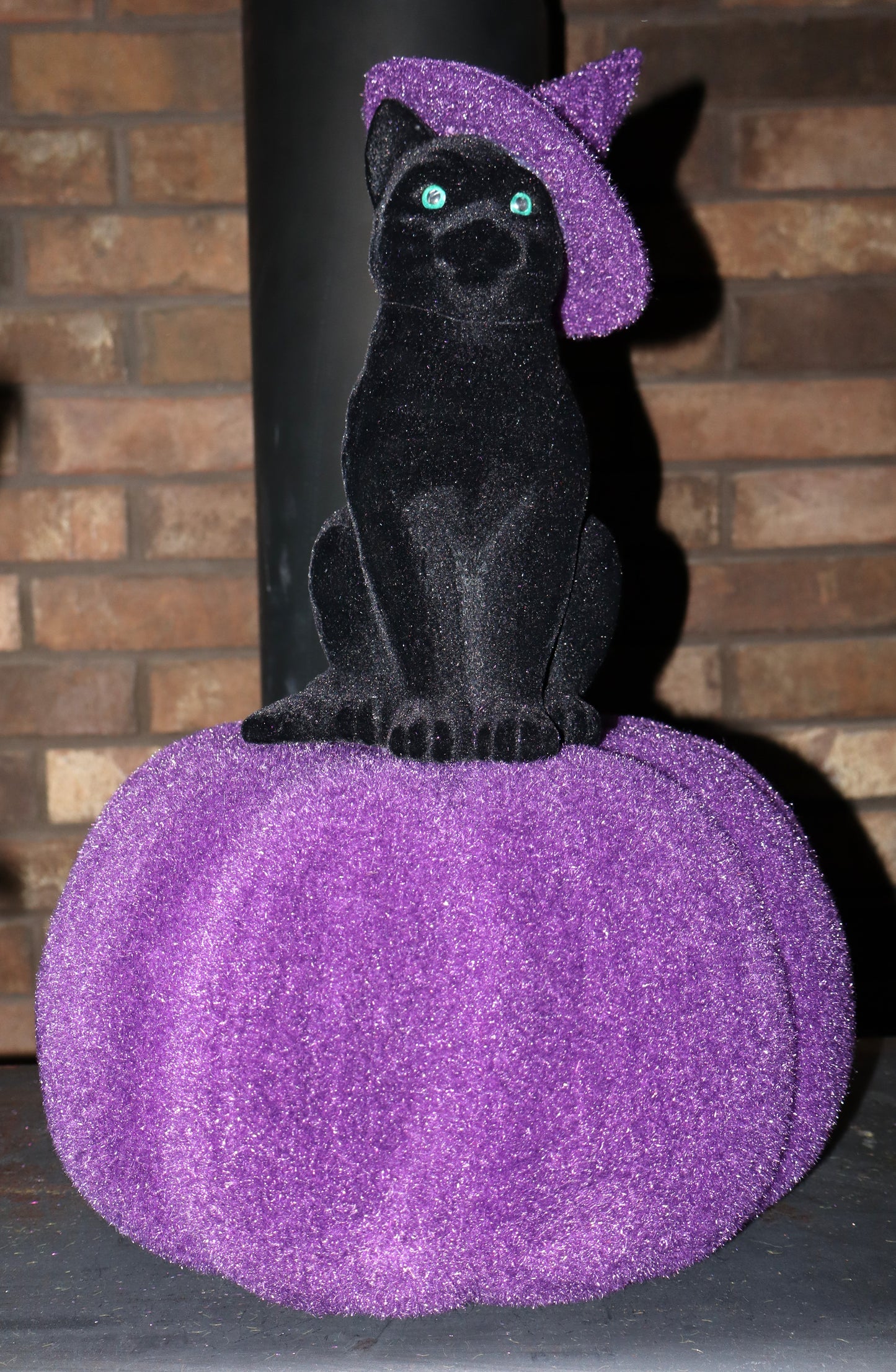 Flocked Cat on Pumpkin w/ Hat