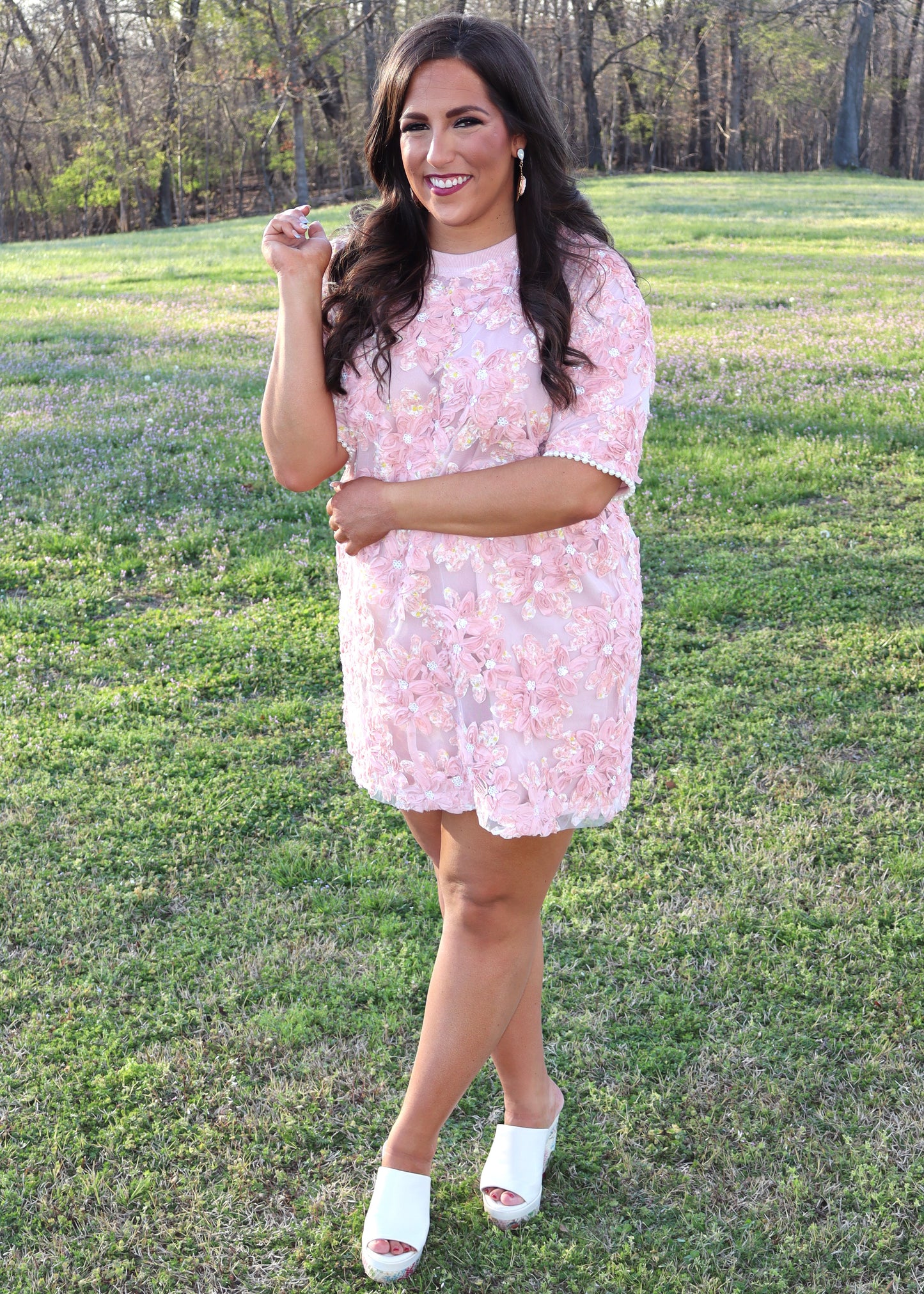 Floral Embroidery Short Dress - Pink