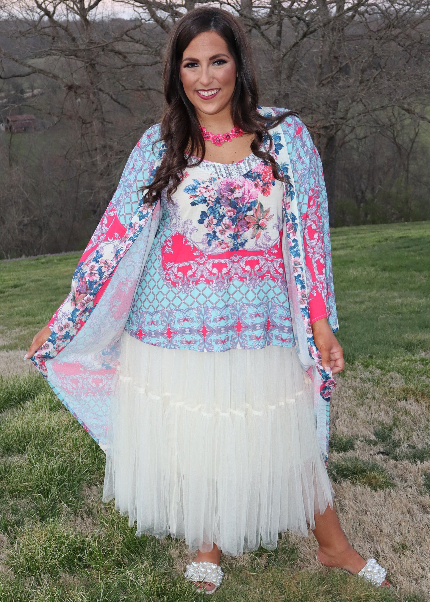 Garden Dreams Tank/Kimono Set - Turquoise and Dark Coral