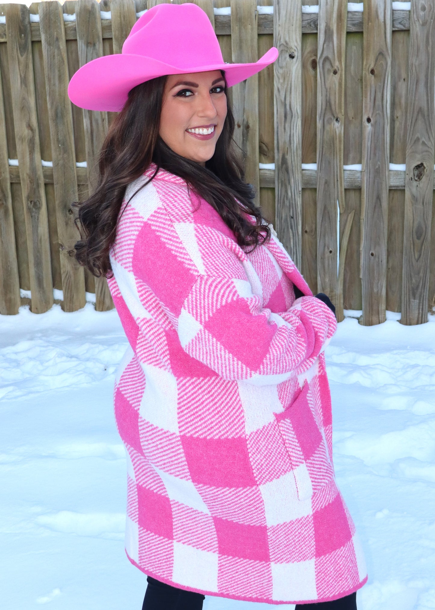 Gingham Pattern Soft Pocket Front Open Cardigan Sweater - Pink