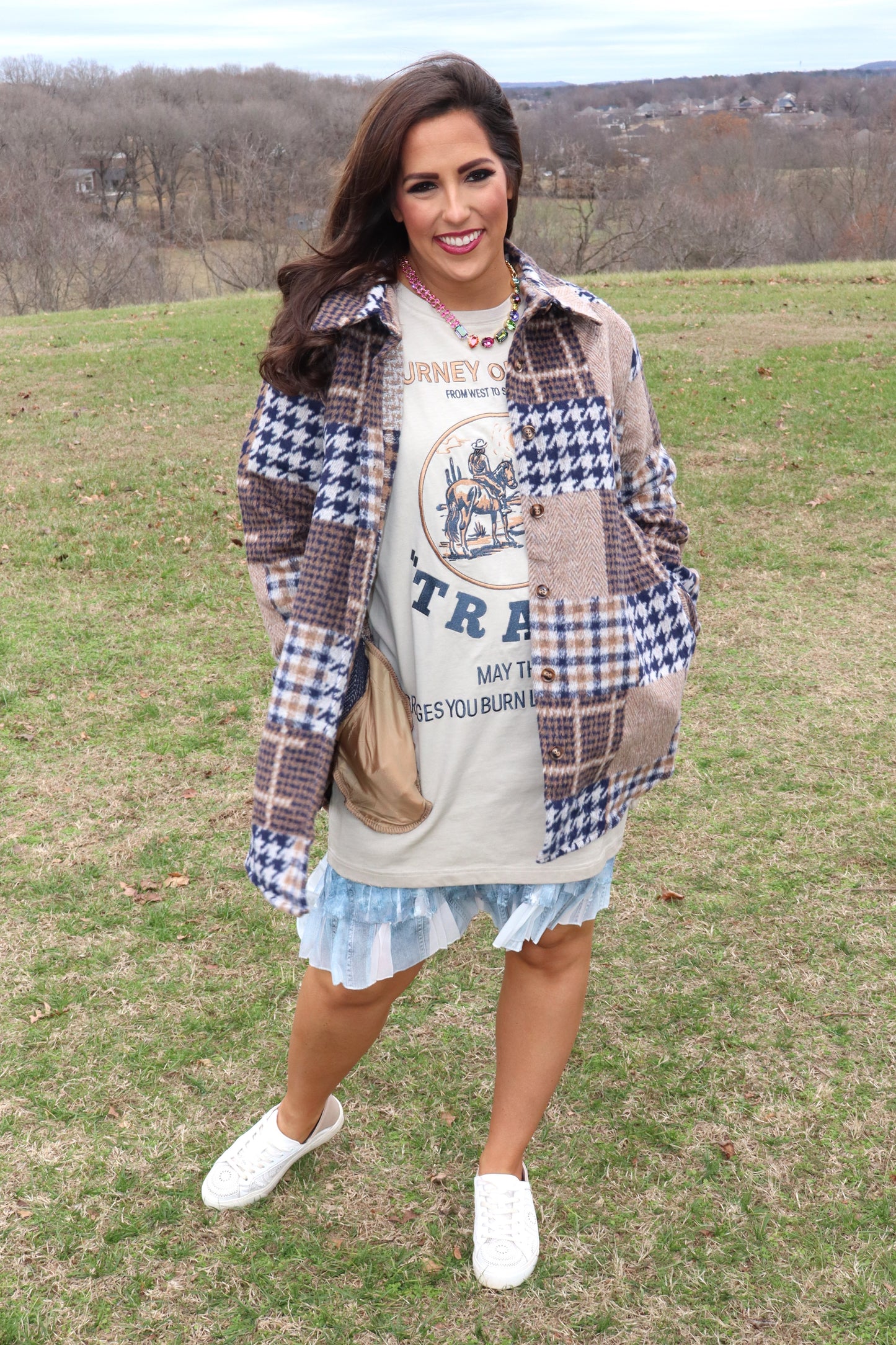 Fireside Coziness Houndstooth Plaid Shacket - Navy/Brown Mix