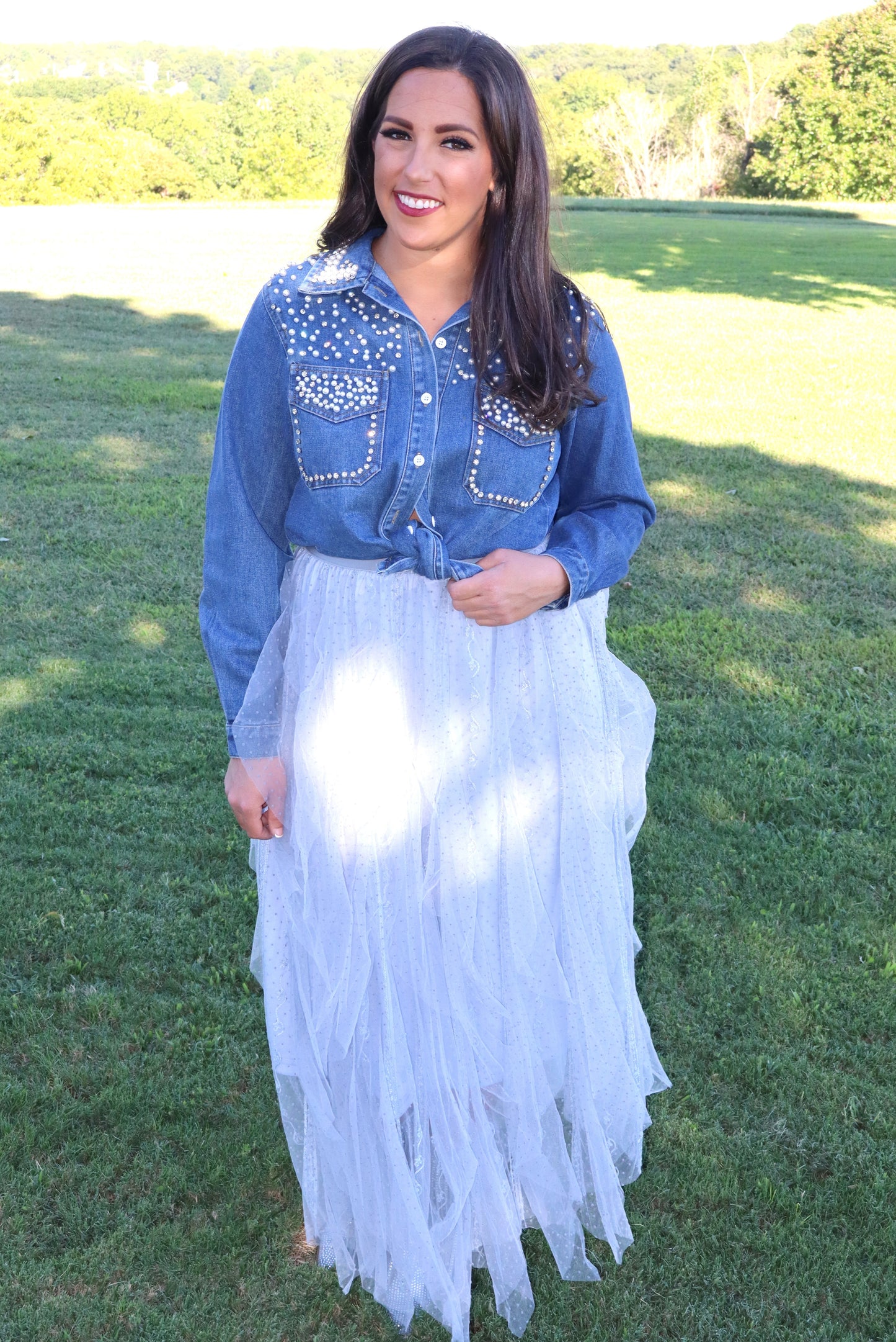 Lady In Pearls Denim Button-Up