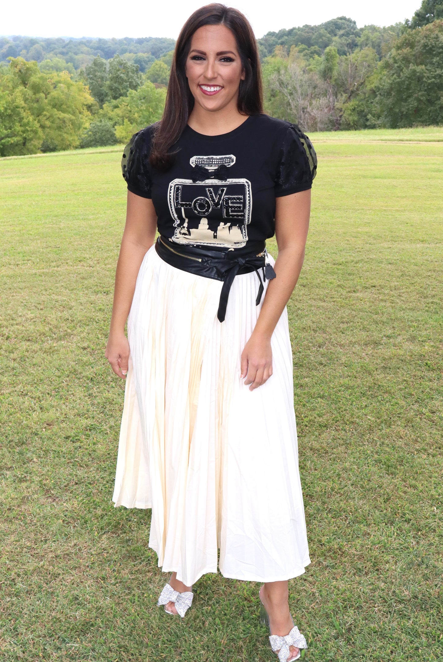 Marilyn Pleated Wrap Skirt - Cream/Black