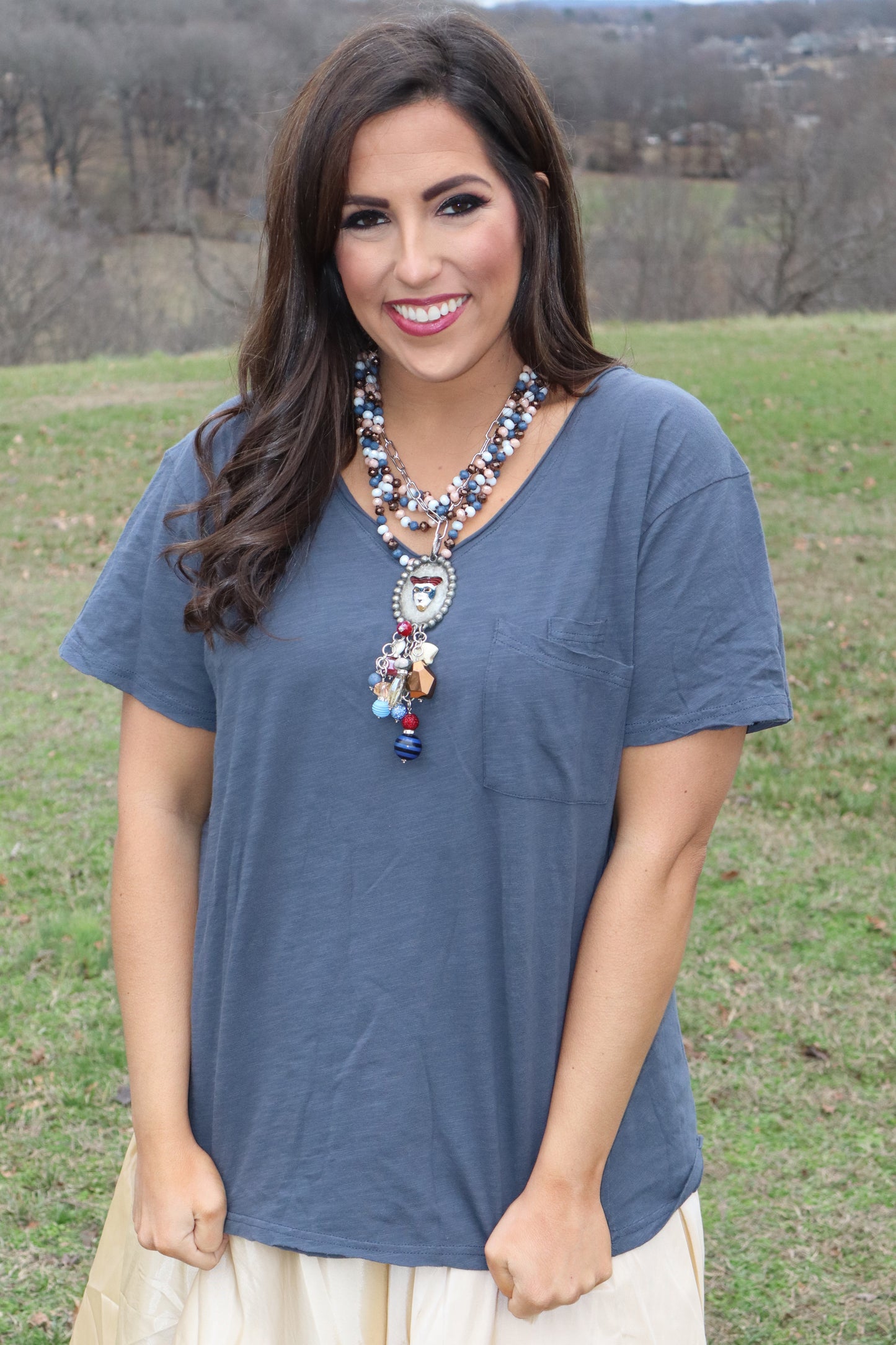 Moon Dance Solid V-Neck Tee - Navy