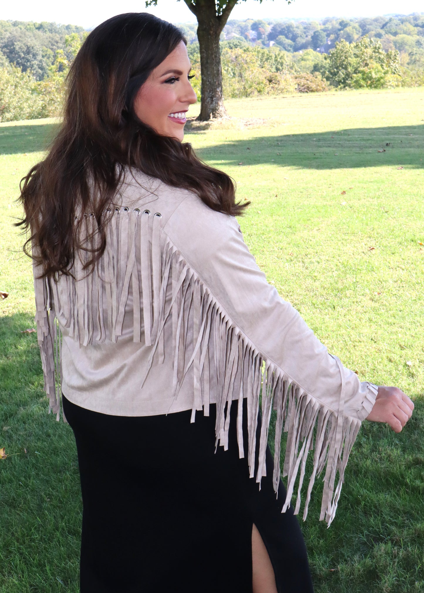 Party On Fringe Suede Jacket - Beige