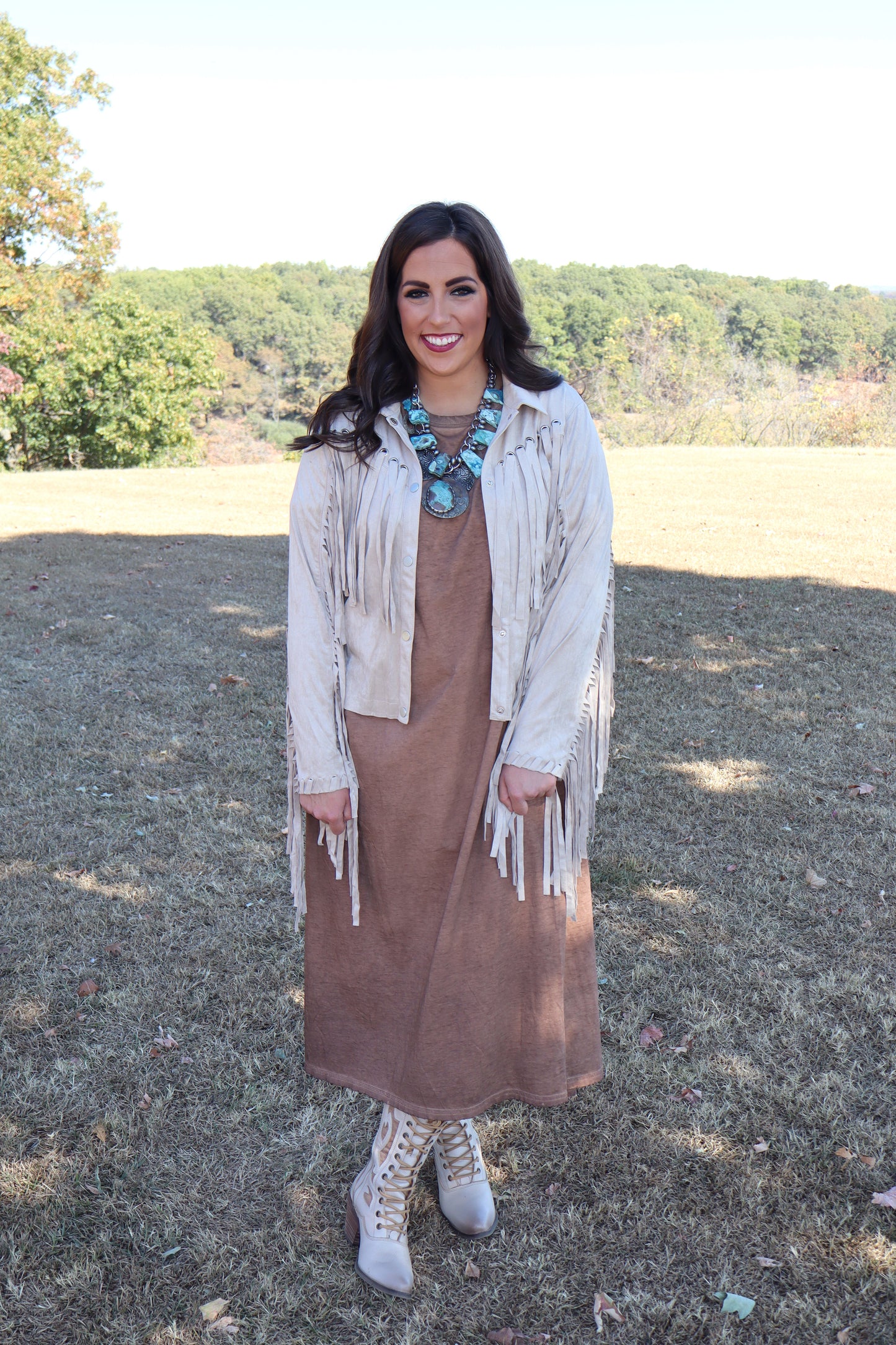 Party On Fringe Suede Jacket - Beige