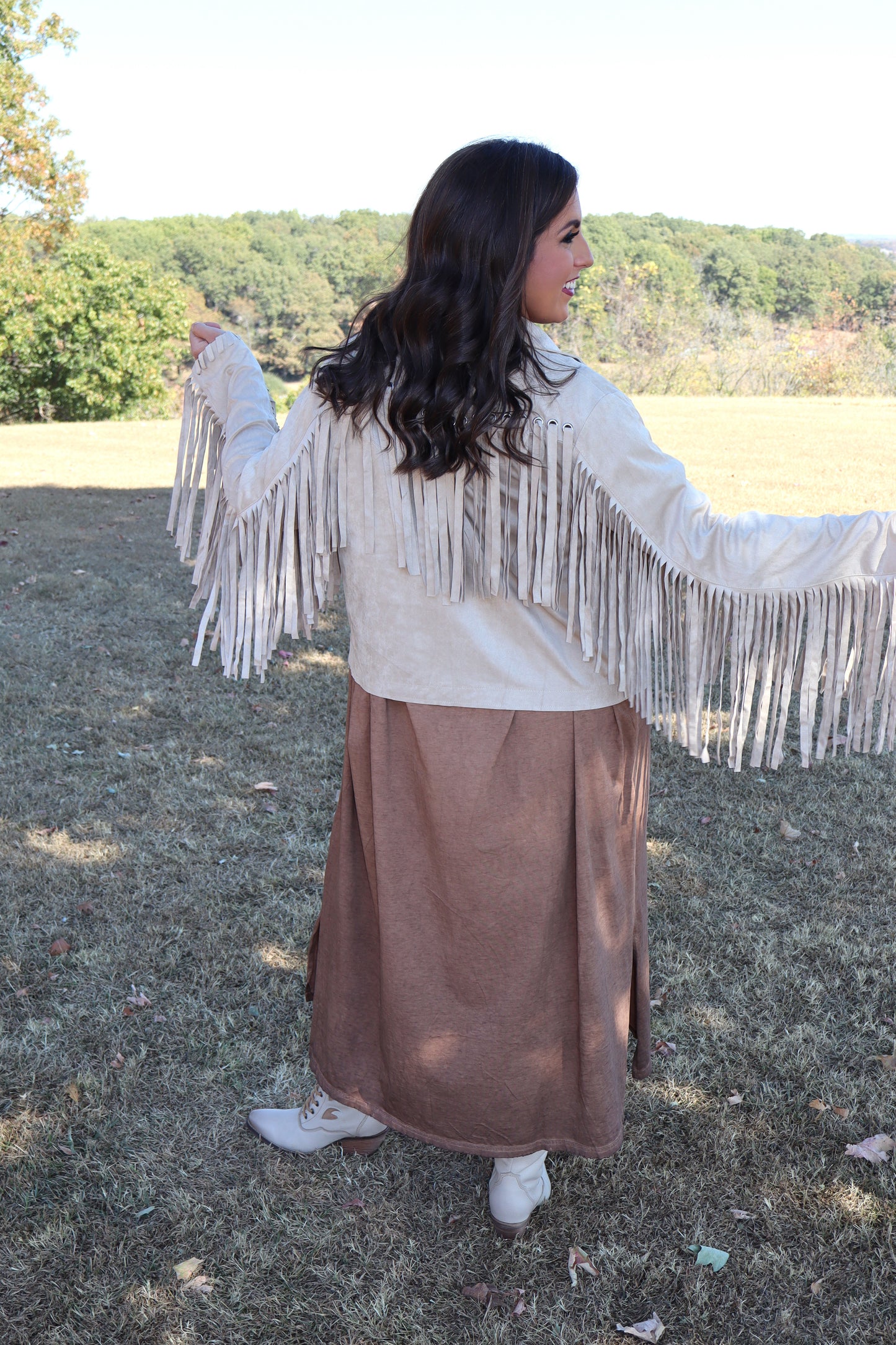 Party On Fringe Suede Jacket - Beige