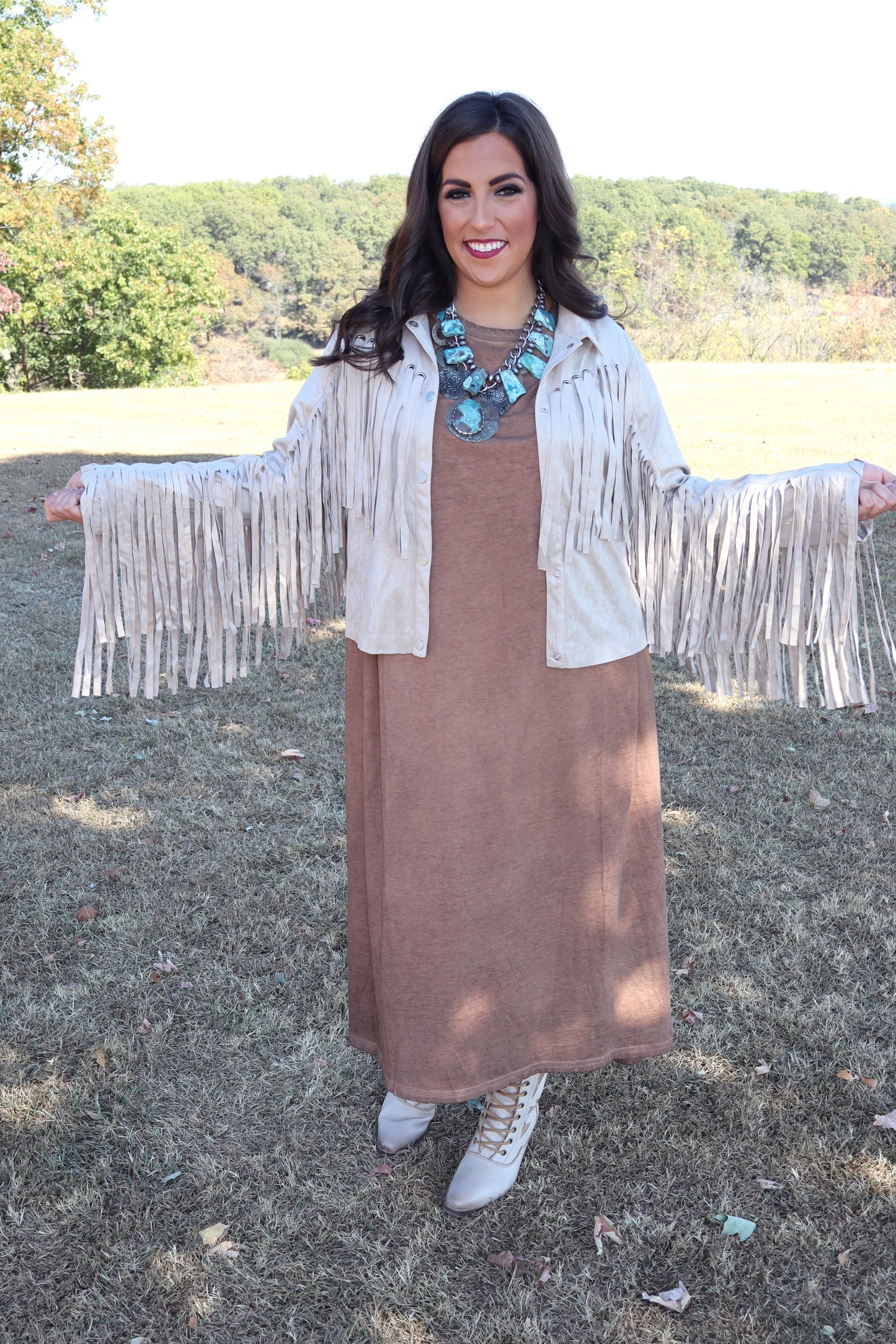 Party On Fringe Suede Jacket - Beige