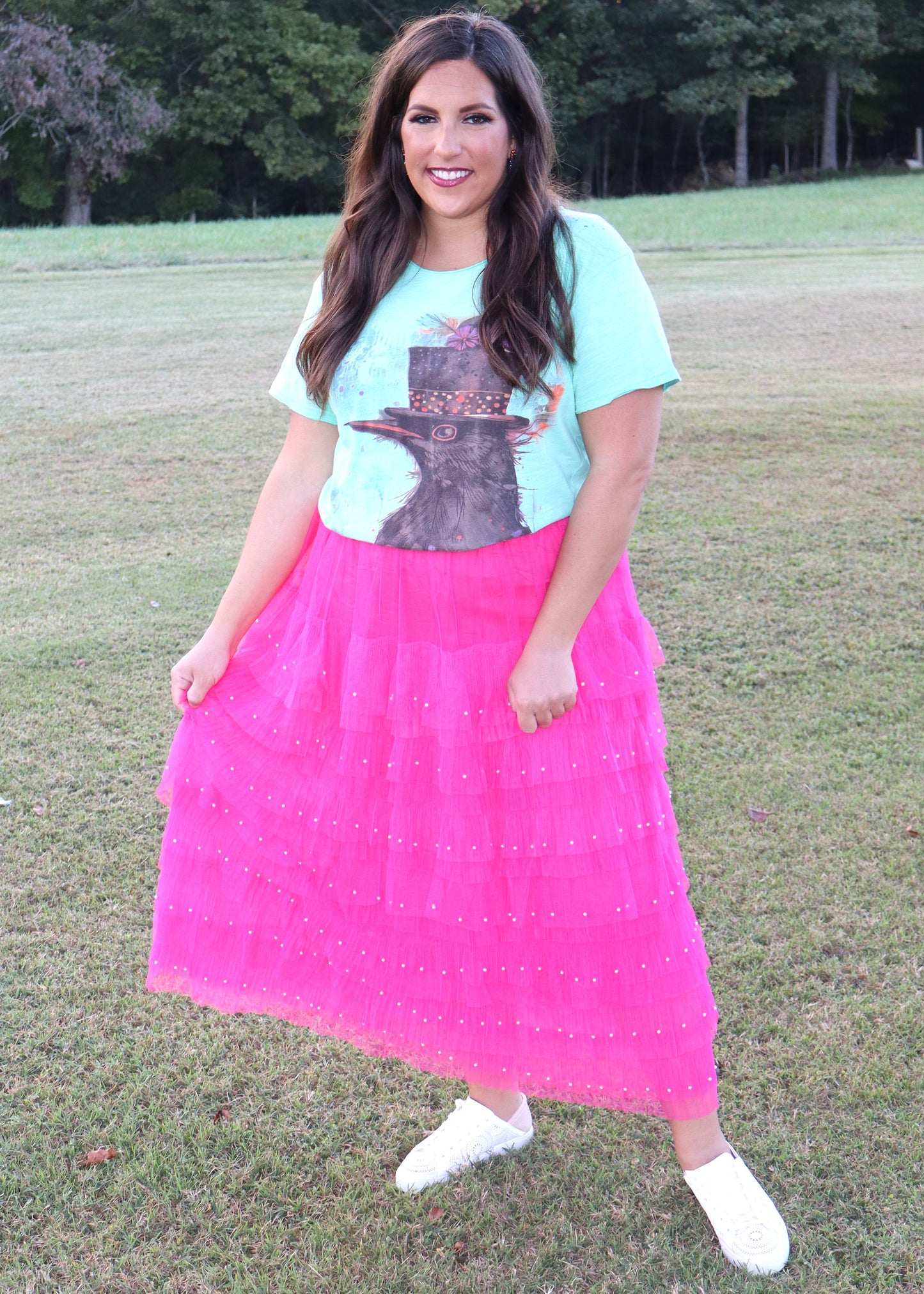 Pearl Embellished Maxi Tulle Skirt - Hot Pink