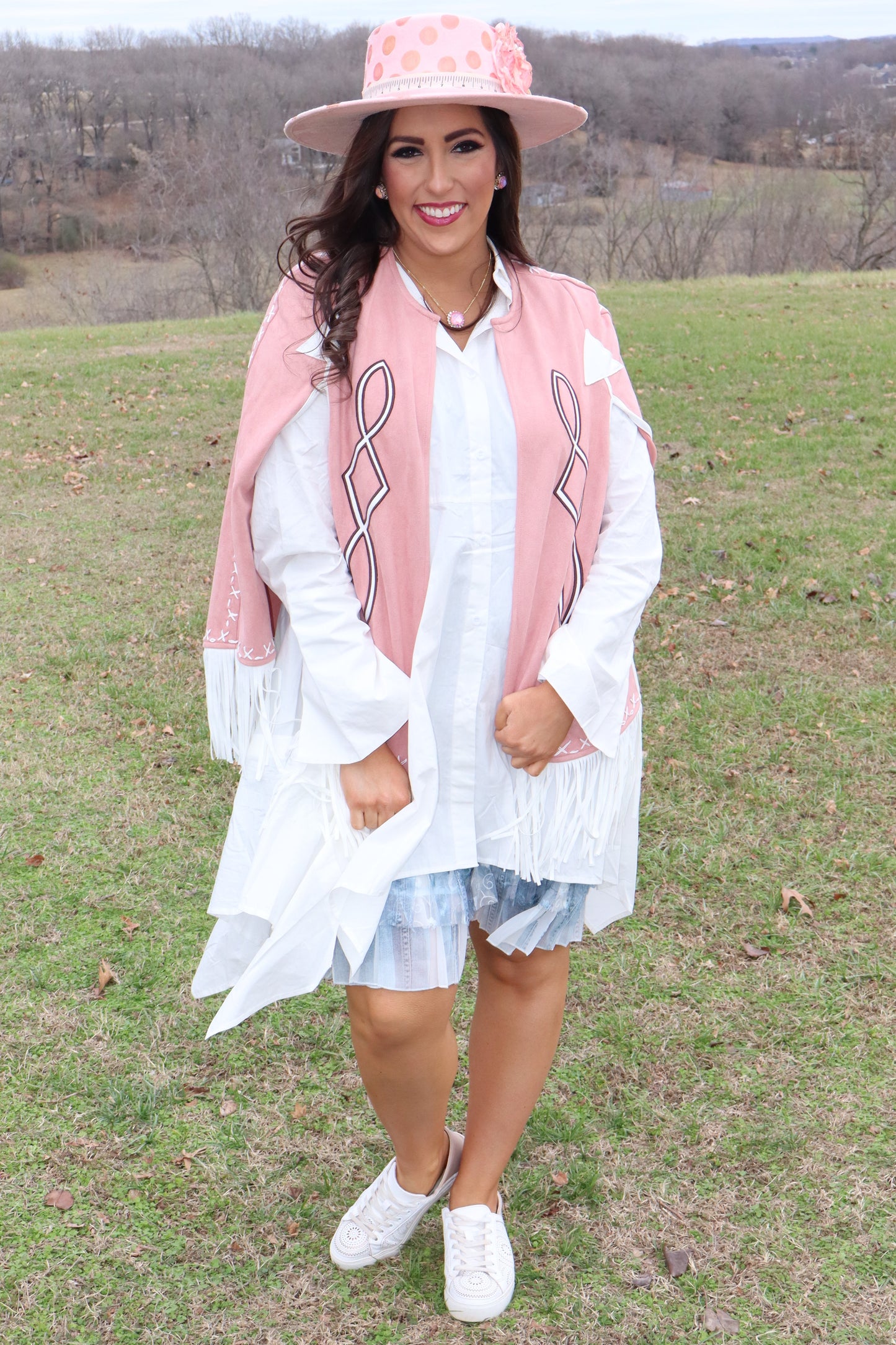 Retro Cowgirl Western Fringe Suede Cape - Pink