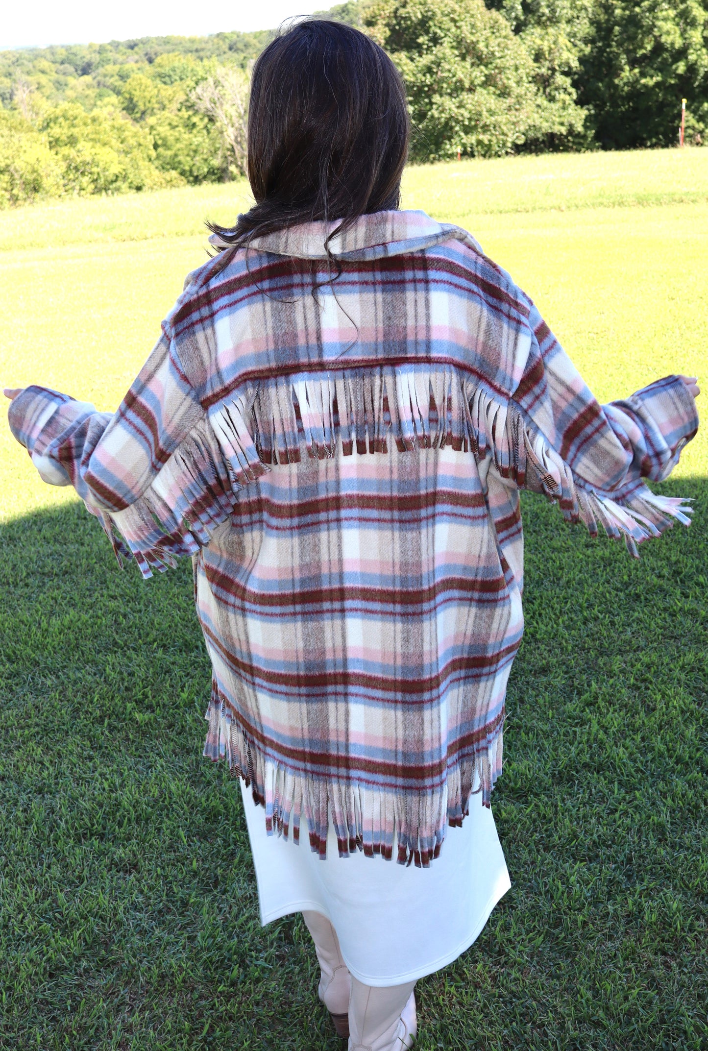 Plaid Fringe Sleeve Jacket - Cranberry/Light Blue