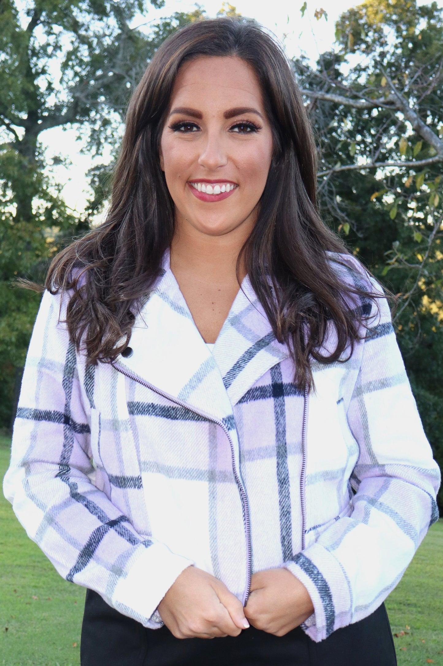 Plaid Moto Zip Up Jacket - Lavender