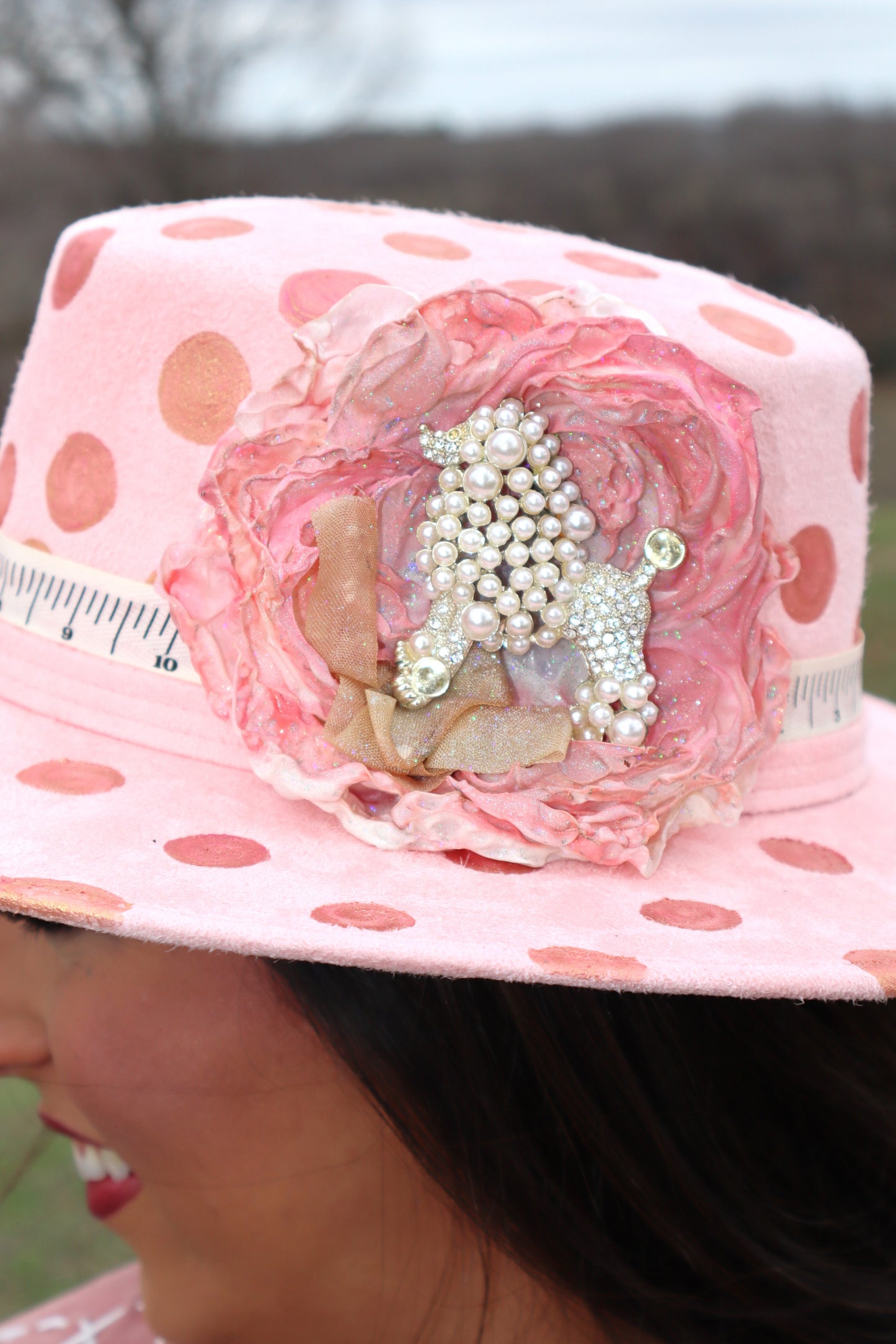 Polka Dot Poodle Flat-Brimmed Hat - Size Medium