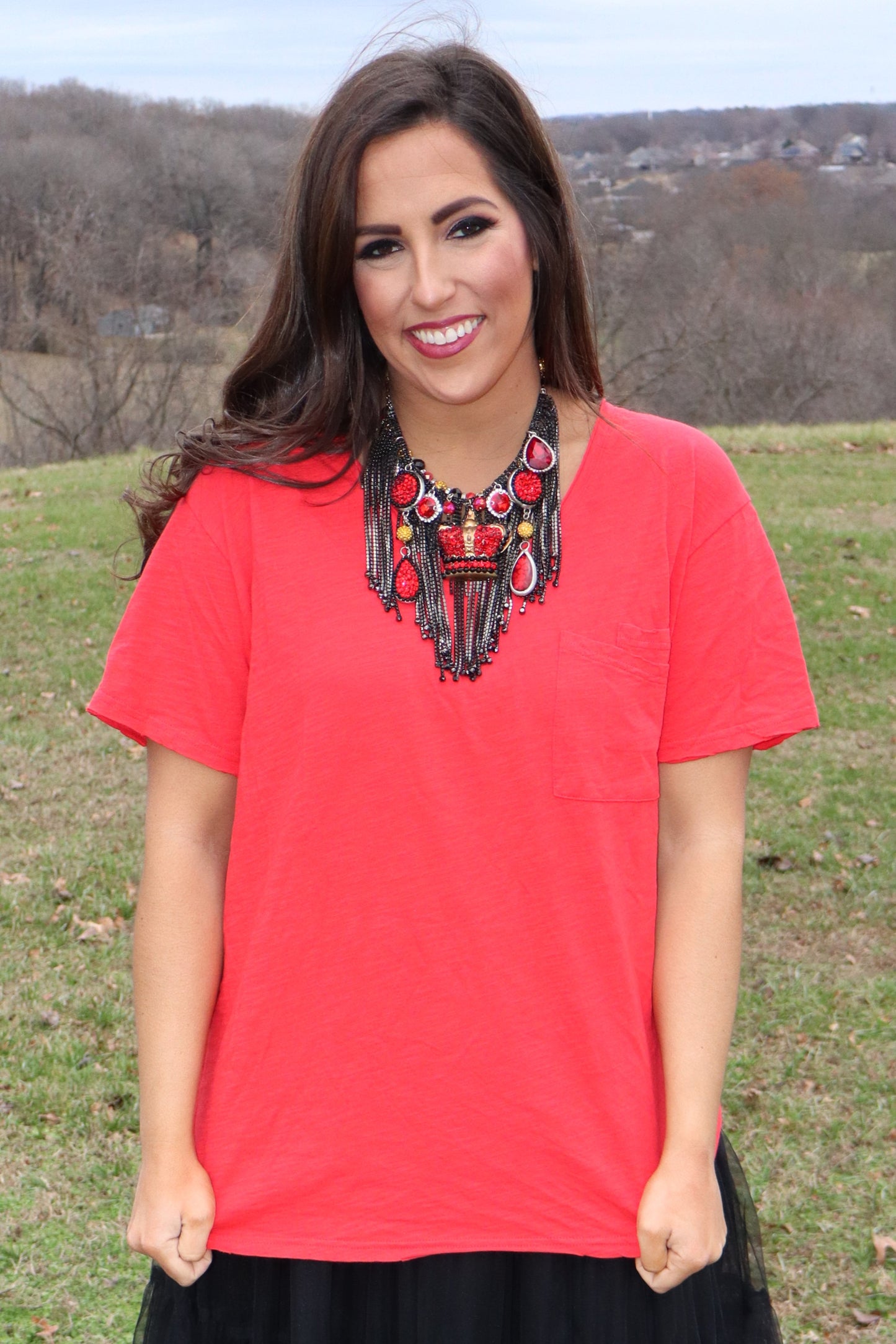 Moon Dance Solid V-Neck Tee - Red