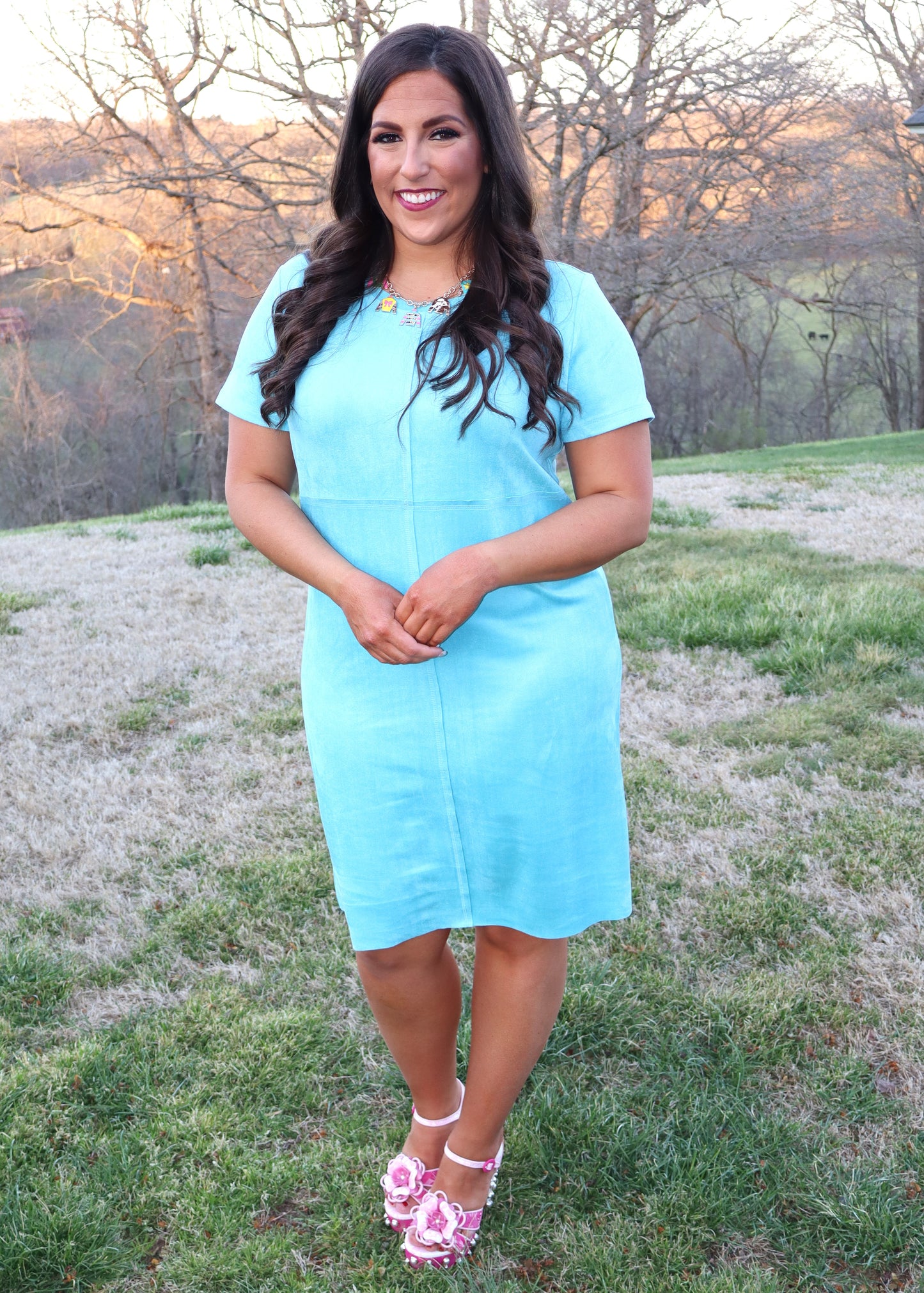 Sally Suede Dress - Aqua Blue