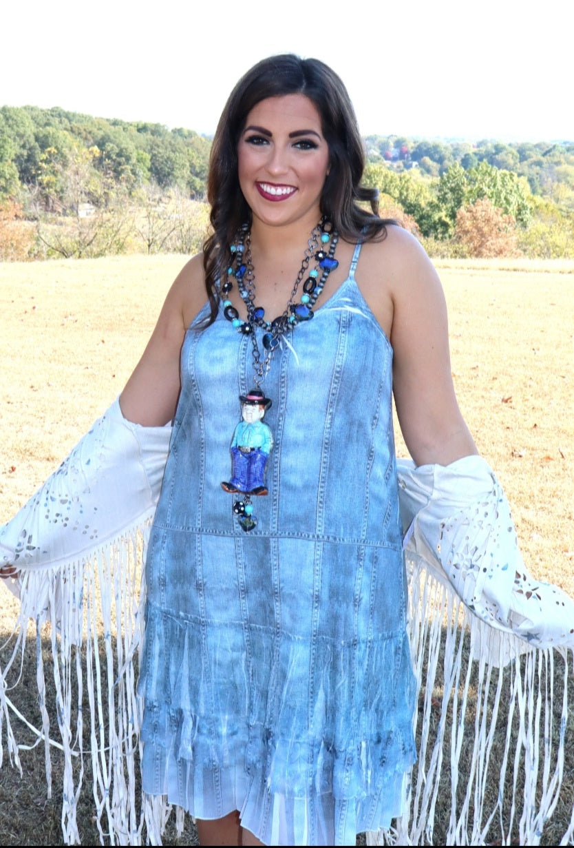 Denim Print Basic Ruffle Slip Dress