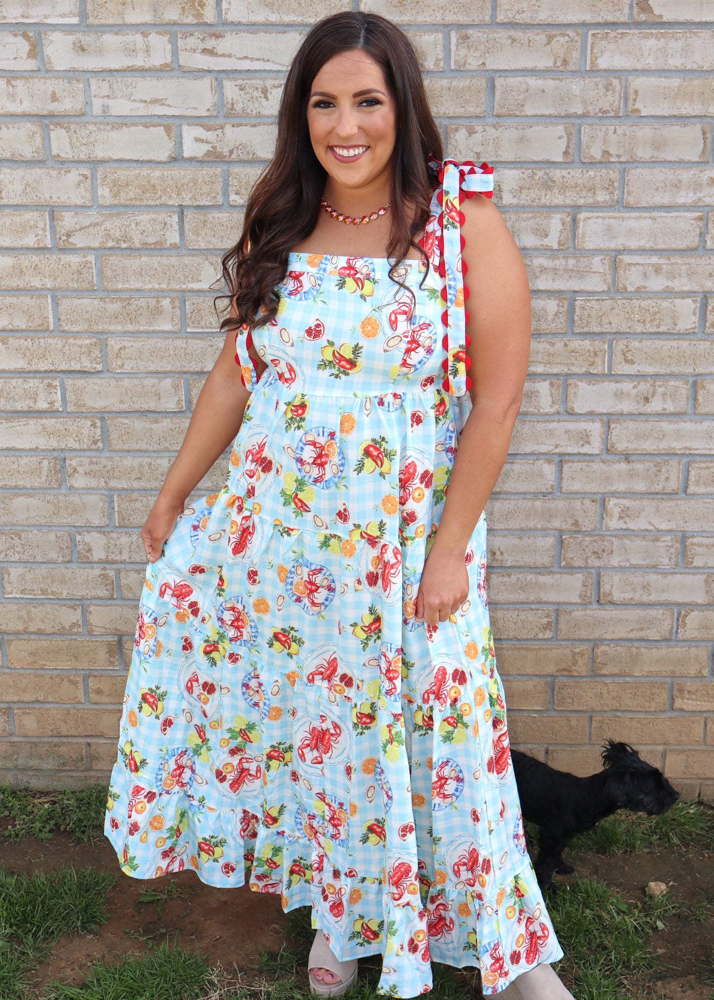 Seafood Boil Gingham Dress - Sky Blue