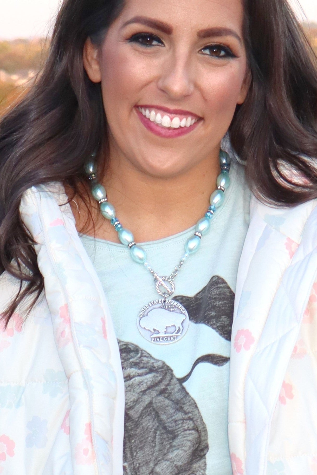 Shiny Toggle Buffalo Nickel Necklace (2-sided) - Ice Blue