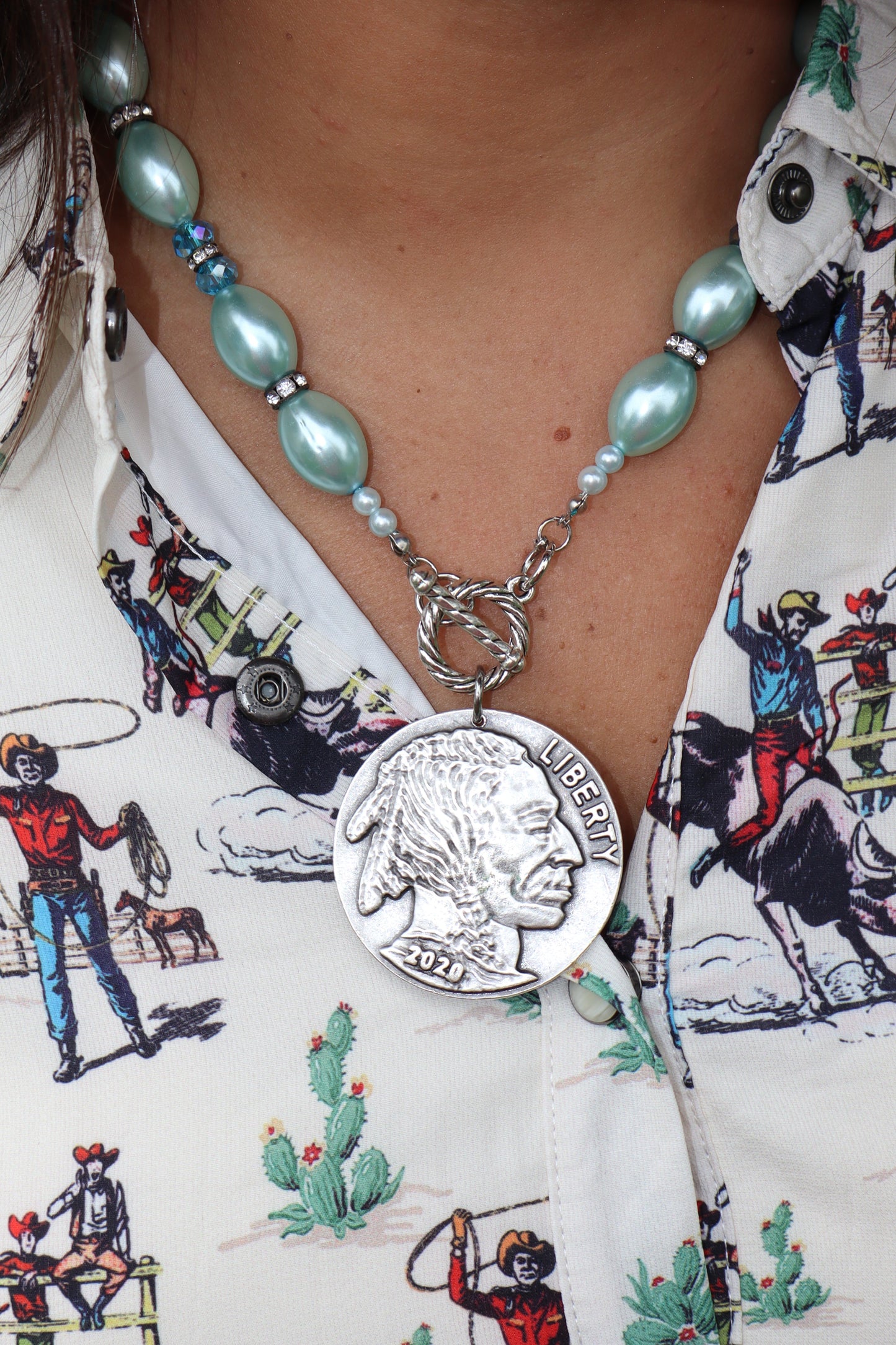 Shiny Toggle Buffalo Nickel Necklace (2-sided) - Ice Blue