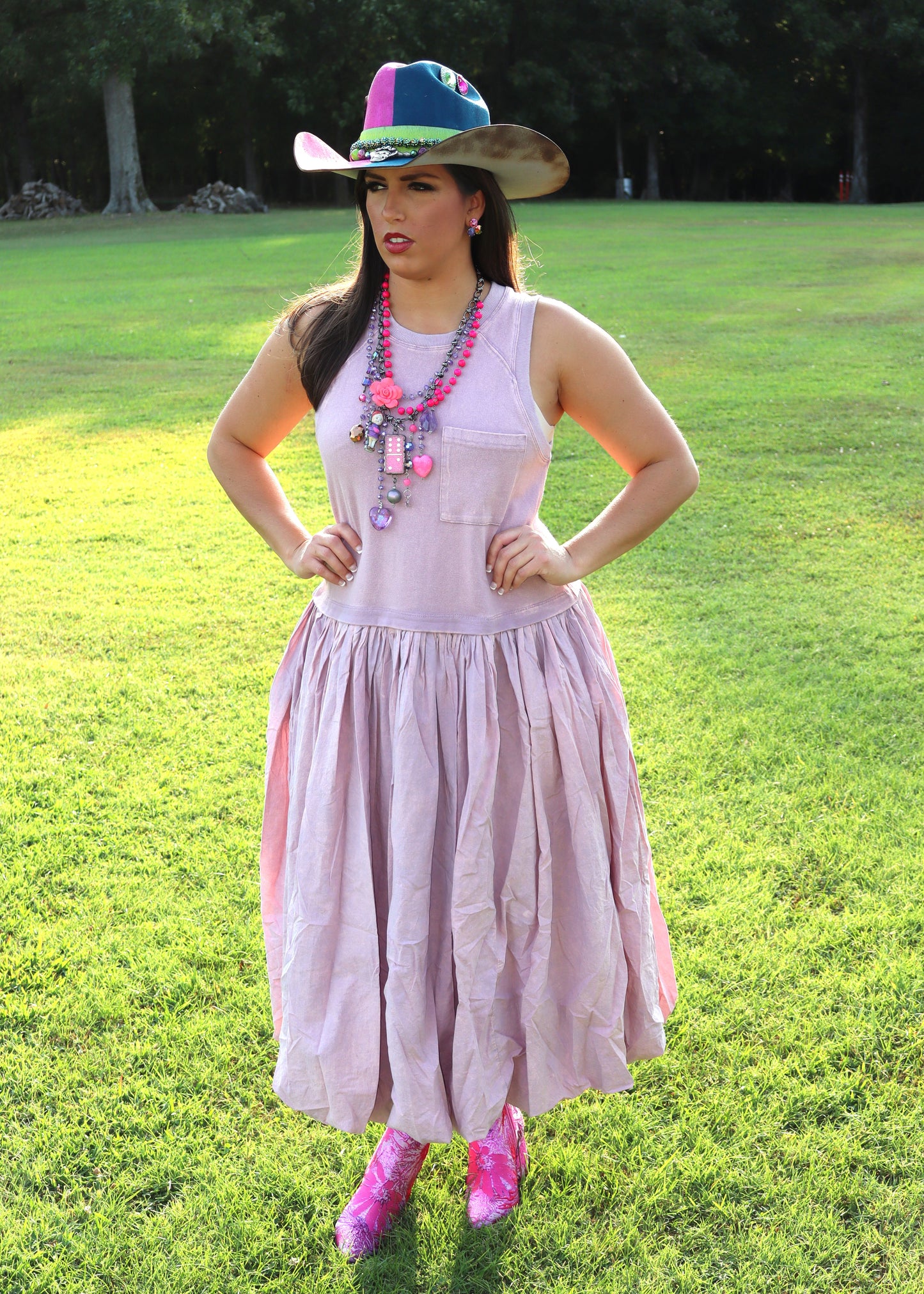 Sleeveless Balloon Skirt Dress - Purple