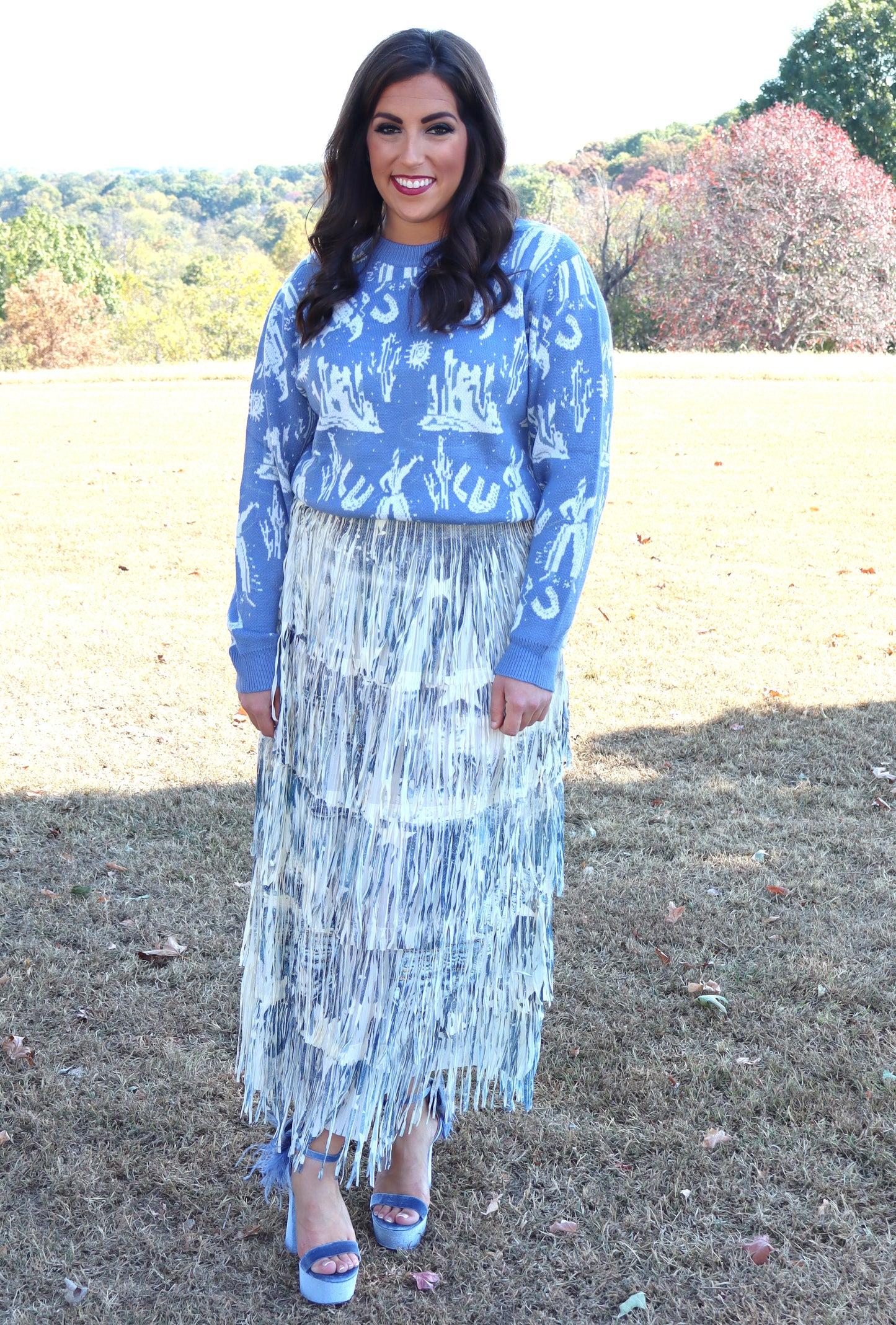 Stars Have Aligned Fringe Maxi Skirt - Denim Design