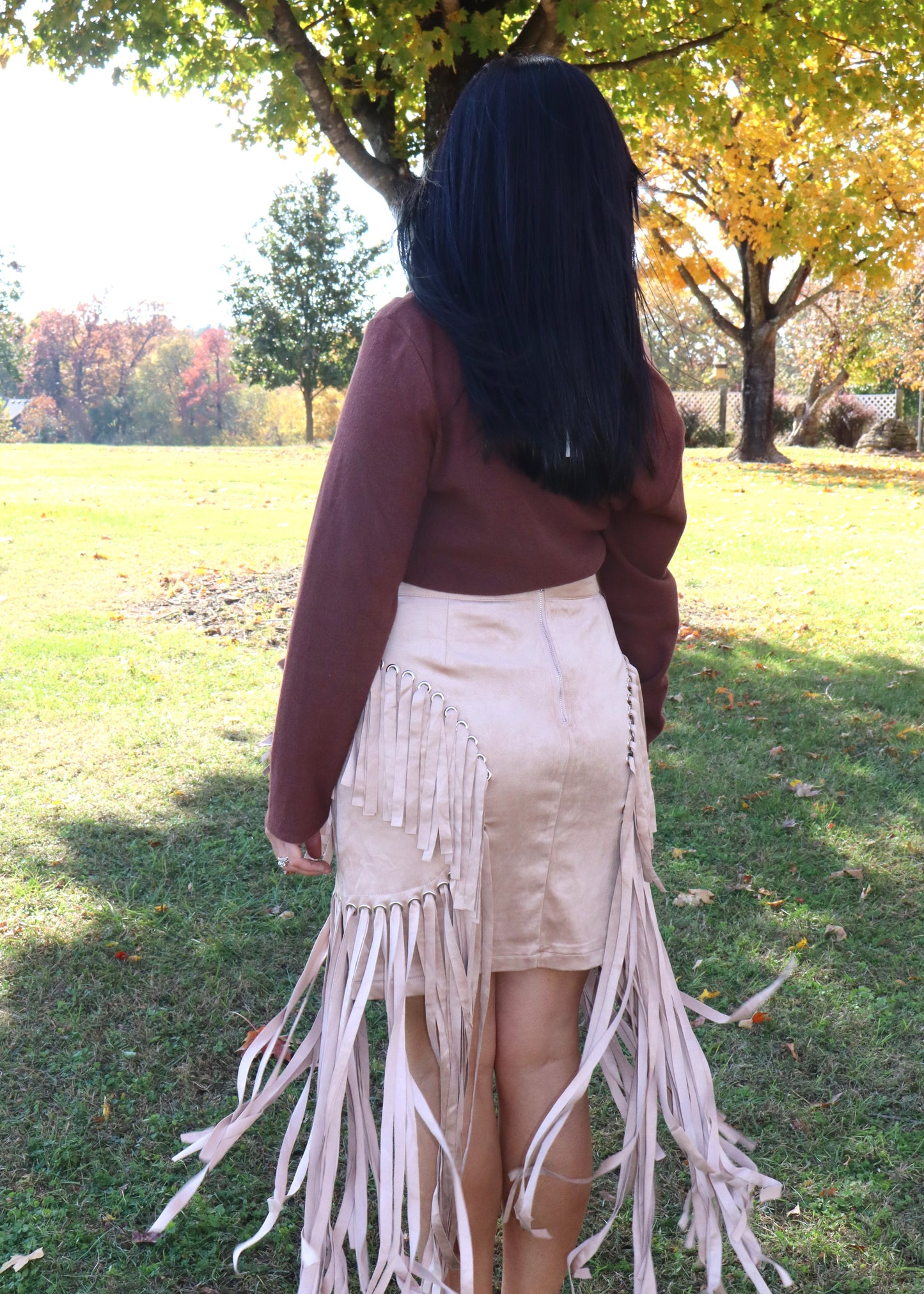 Suede Eyelet Long Fringe Mini Skirt - Beige