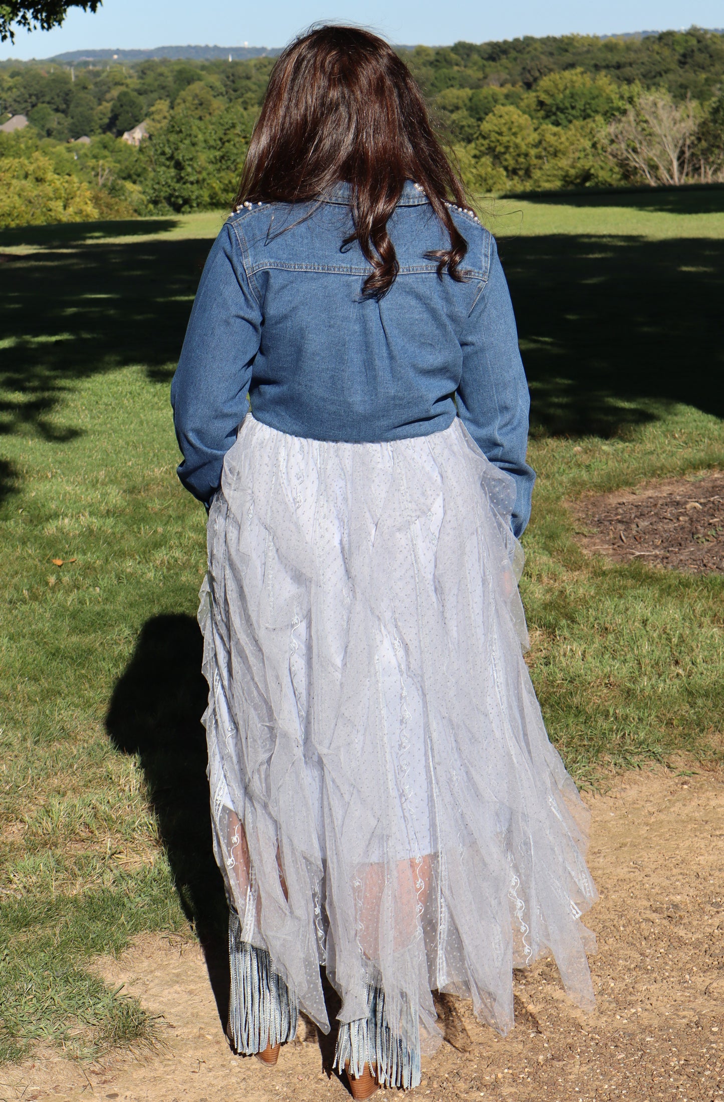 Swiss Dot Tulle Mesh Ruffle Maxi Skirt - Gray Dawn