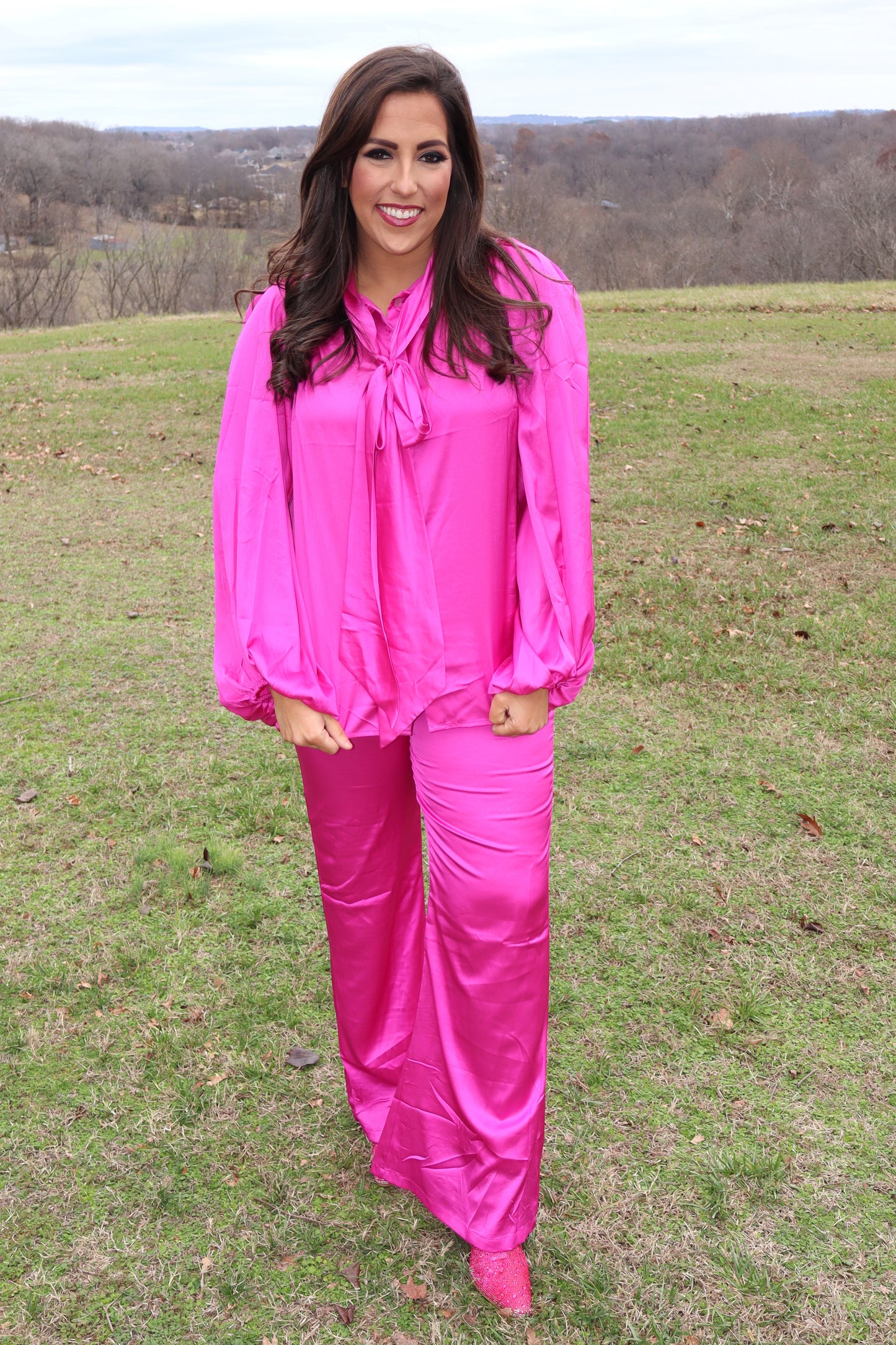 Tie It Up Satin Blouse/Pants Set - Fuchsia