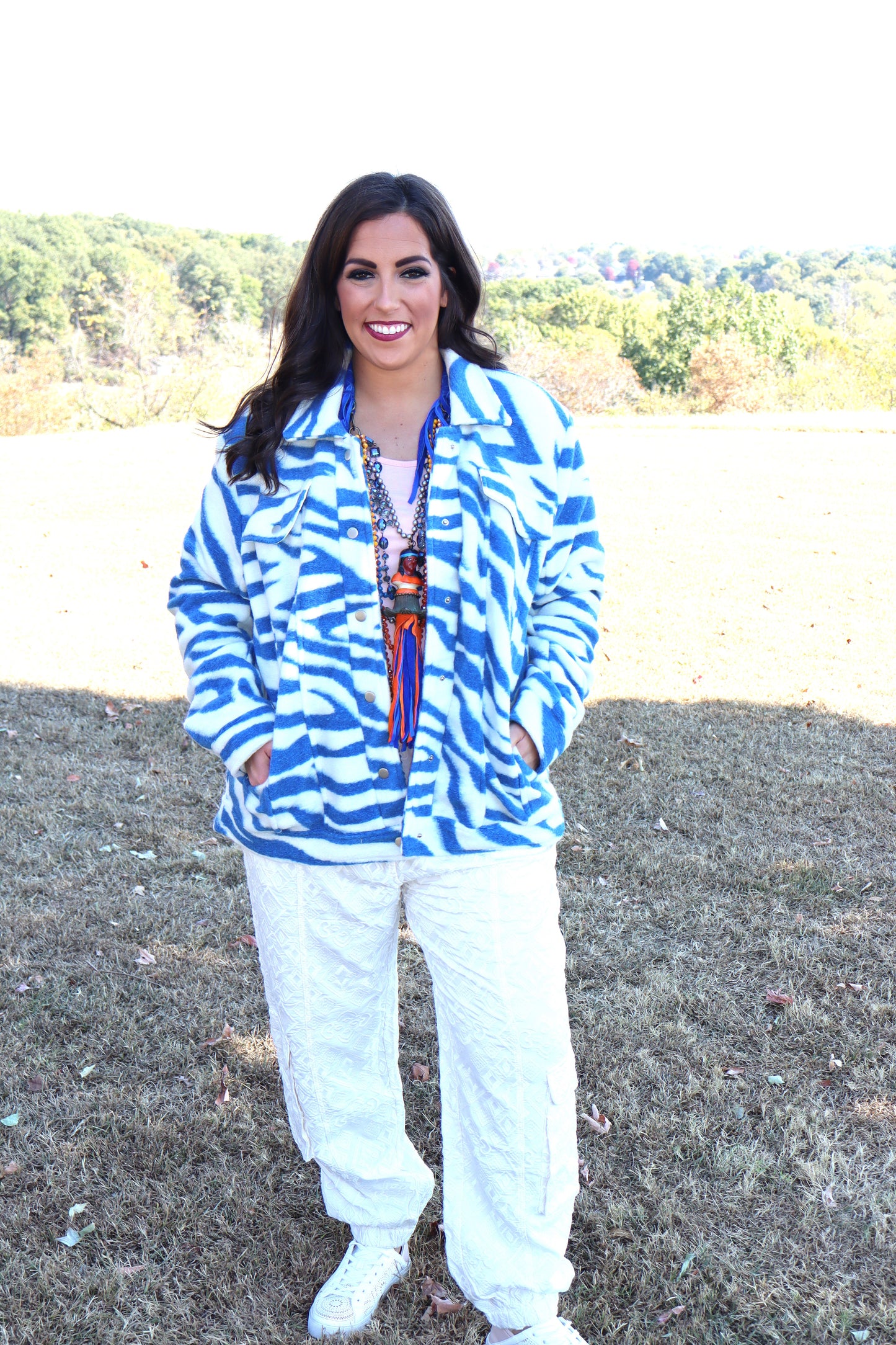 Zebra Print Collared Oversized Jacket - Blue
