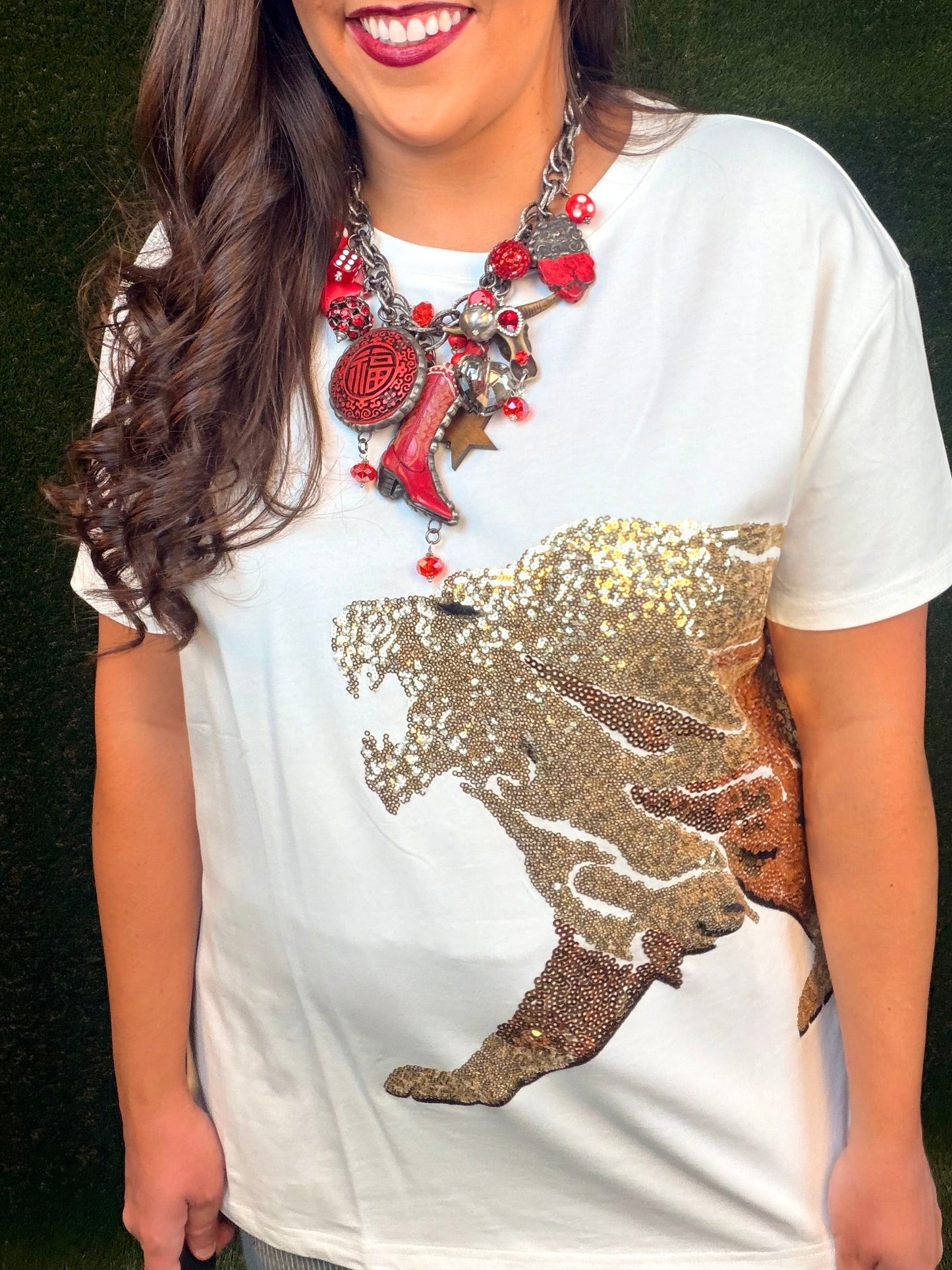 Sequin Embroidered Lion Graphic Tee - White