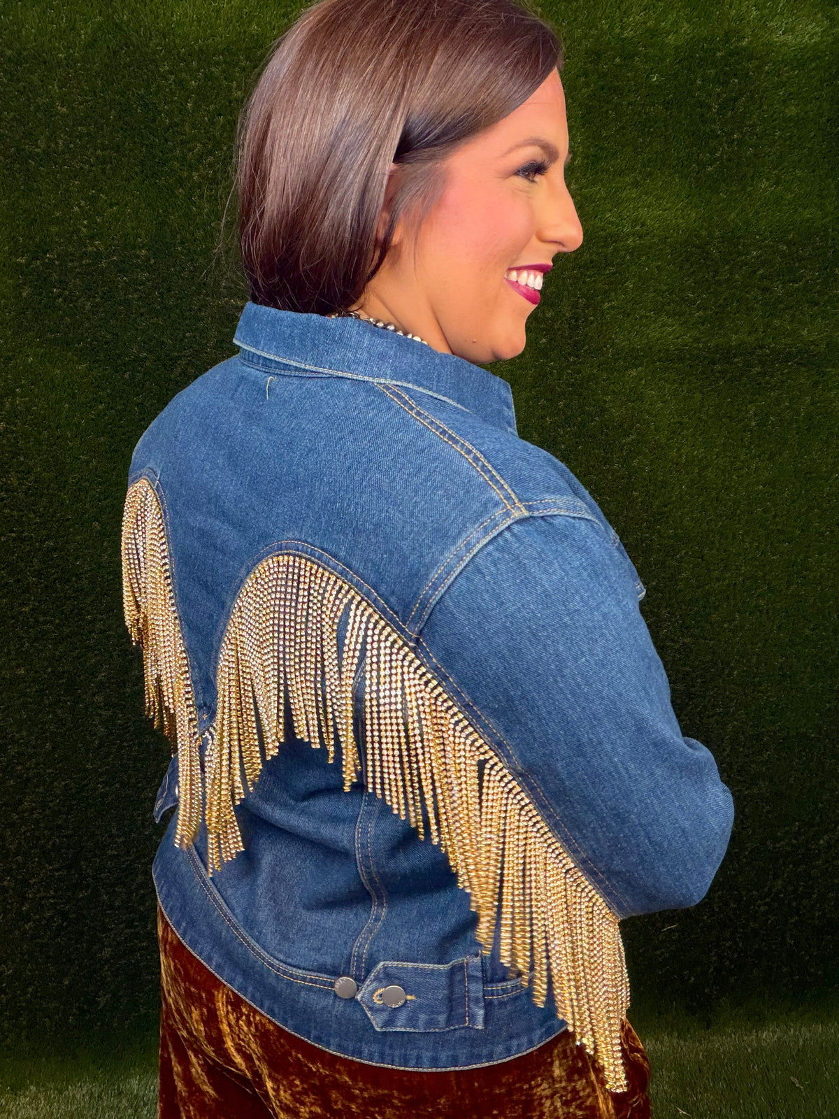Gold Rhinestone Fringe Dark Denim Jean Jacket