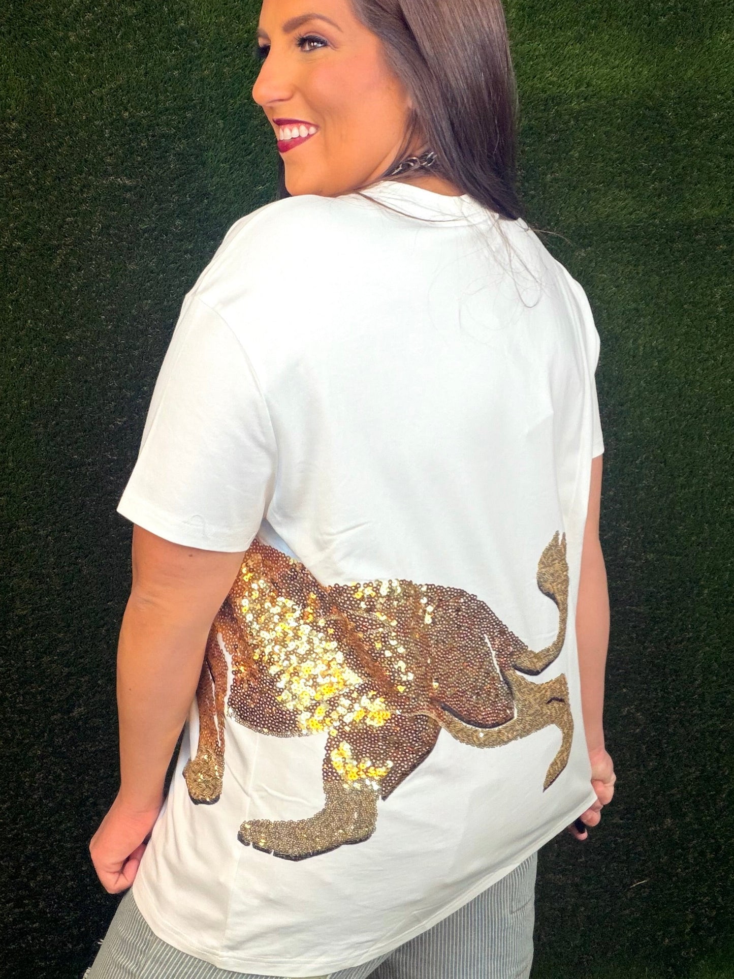 Sequin Embroidered Lion Graphic Tee - White