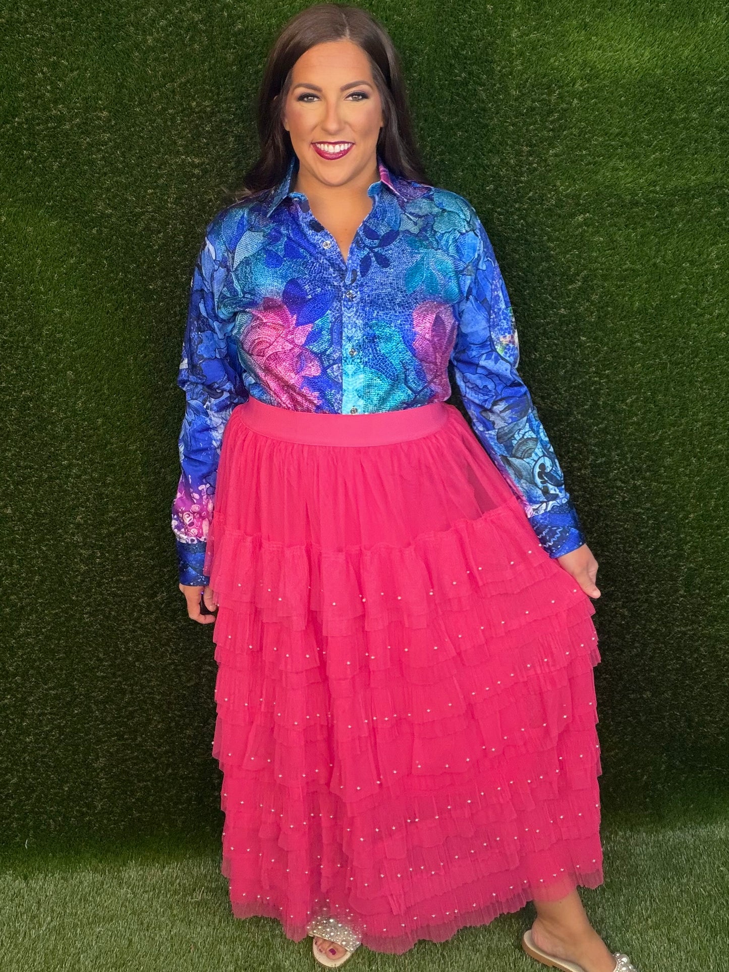 Pearl Embellished Maxi Tulle Skirt - Hot Pink