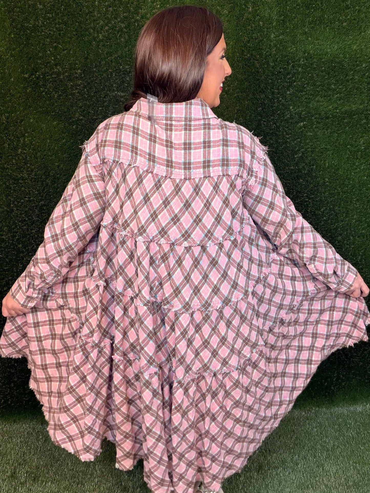Tiered Check Plaid Dress - Pink/Light Aqua Blue